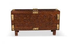 African Hinged Top Carved Wood and Brass Figural Chest