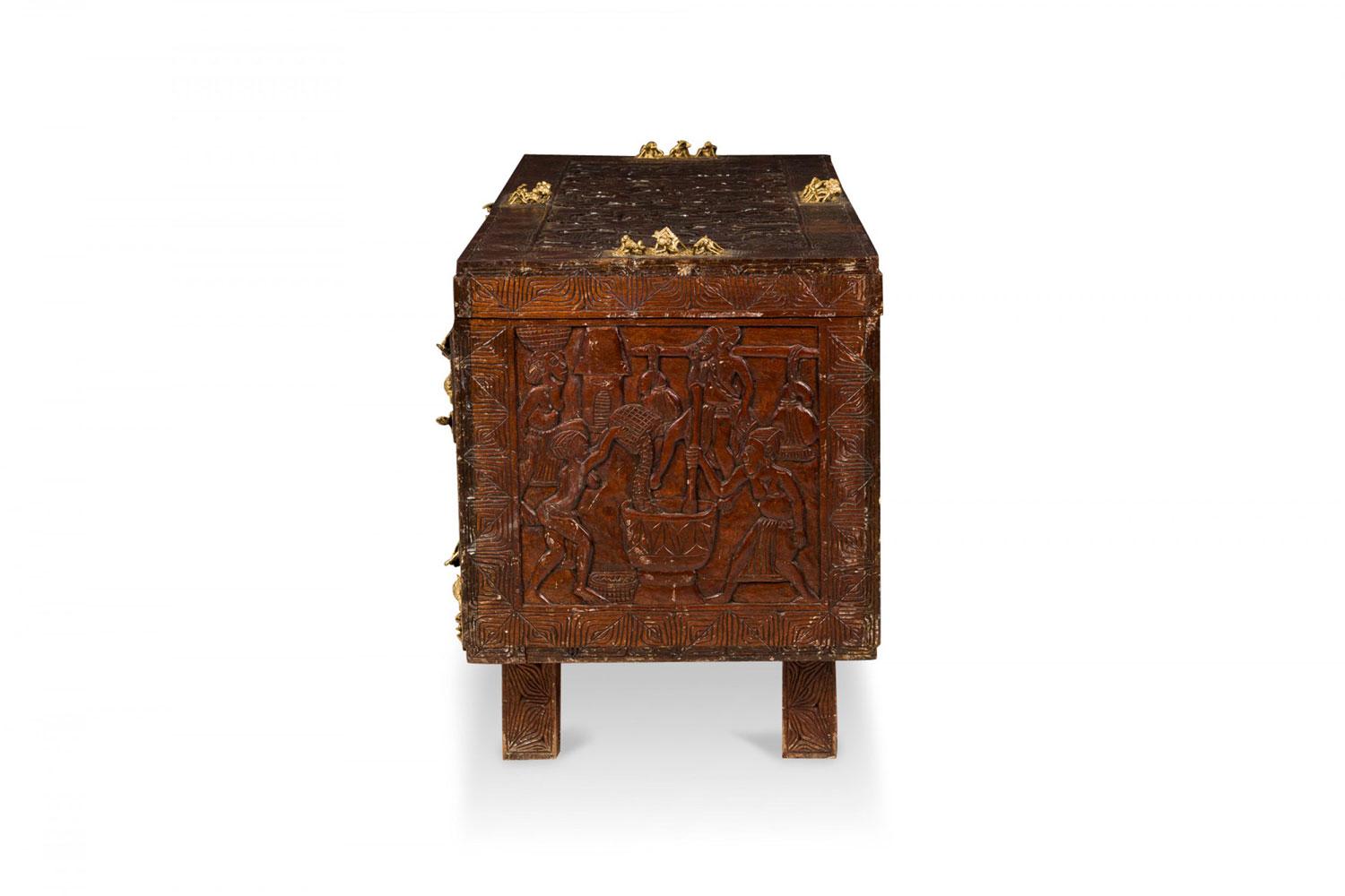 Tribale African Hinged Top Carved Wood and Brass Figural Chest in vendita