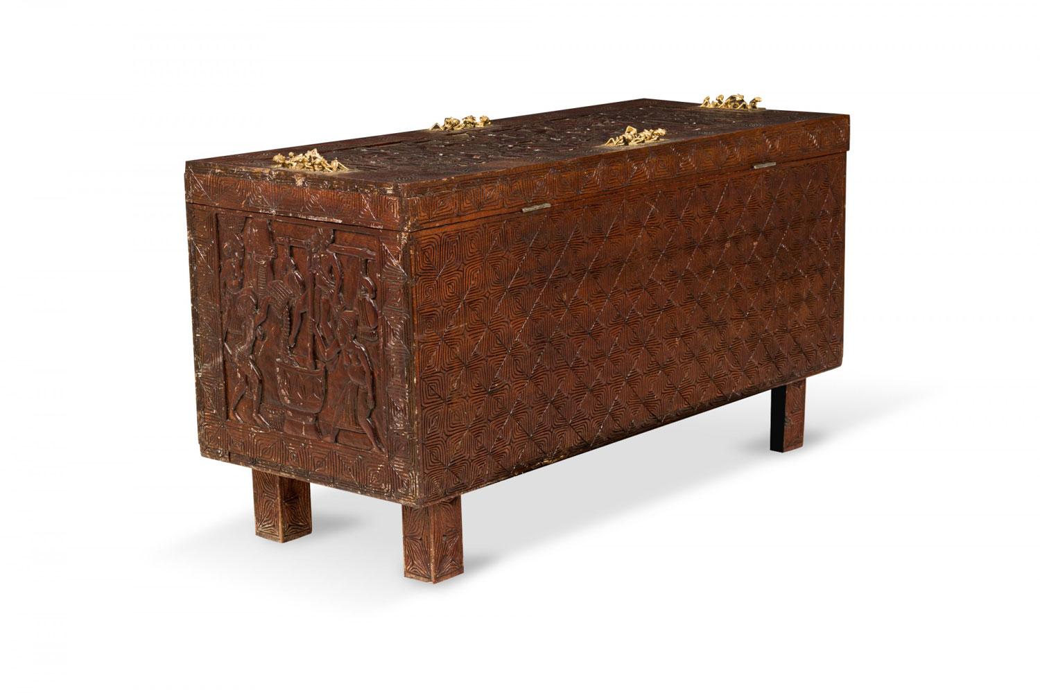 Africano African Hinged Top Carved Wood and Brass Figural Chest in vendita