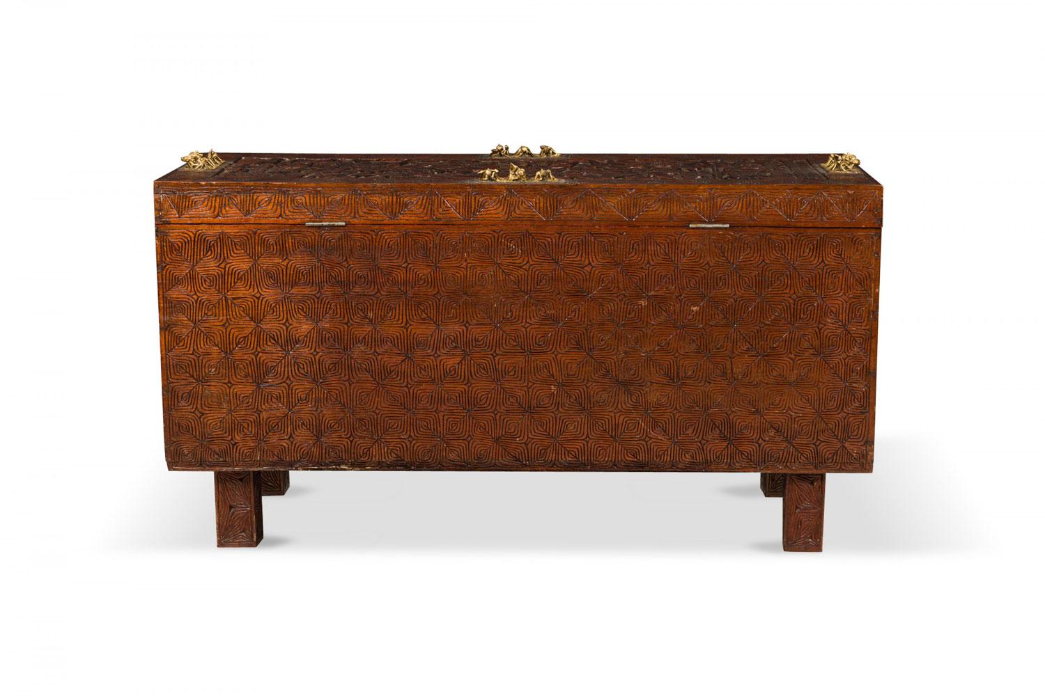 Intagliato African Hinged Top Carved Wood and Brass Figural Chest in vendita