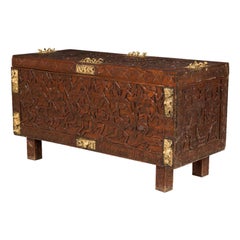 African Hinged Top Carved Wood and Brass Figural Chest