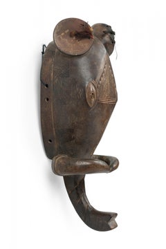 African Ivory Coast 20th Century Wood Baule Goli Elephant Face Mask with Horns