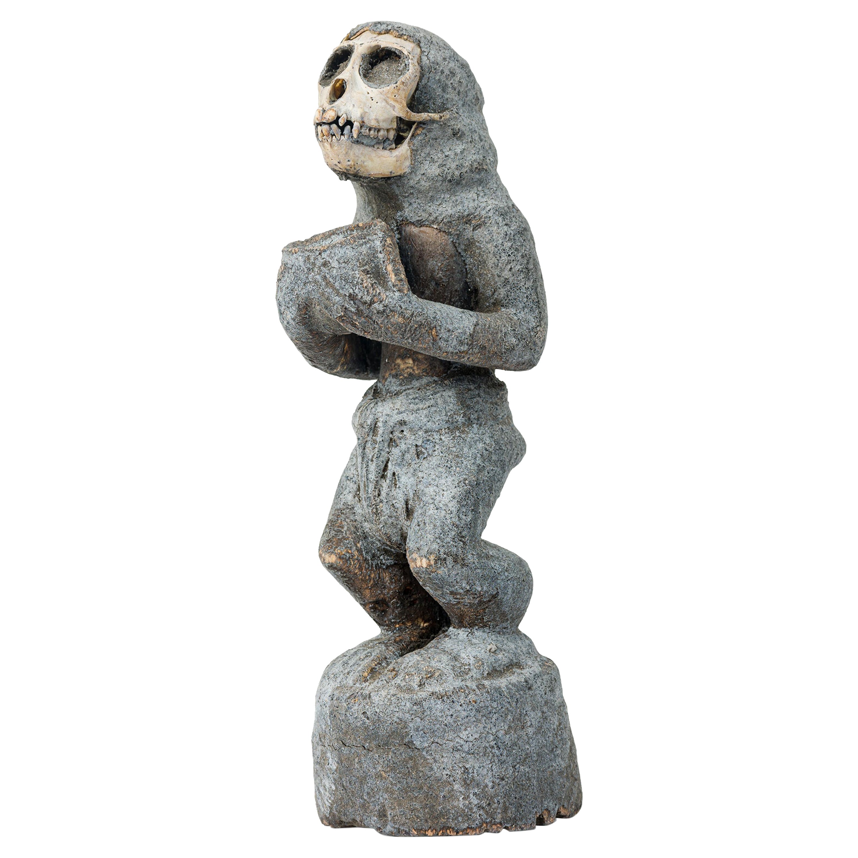 African Ivory Coast 20th Century Wood Composite Baule Monkey Figure with Skull For Sale