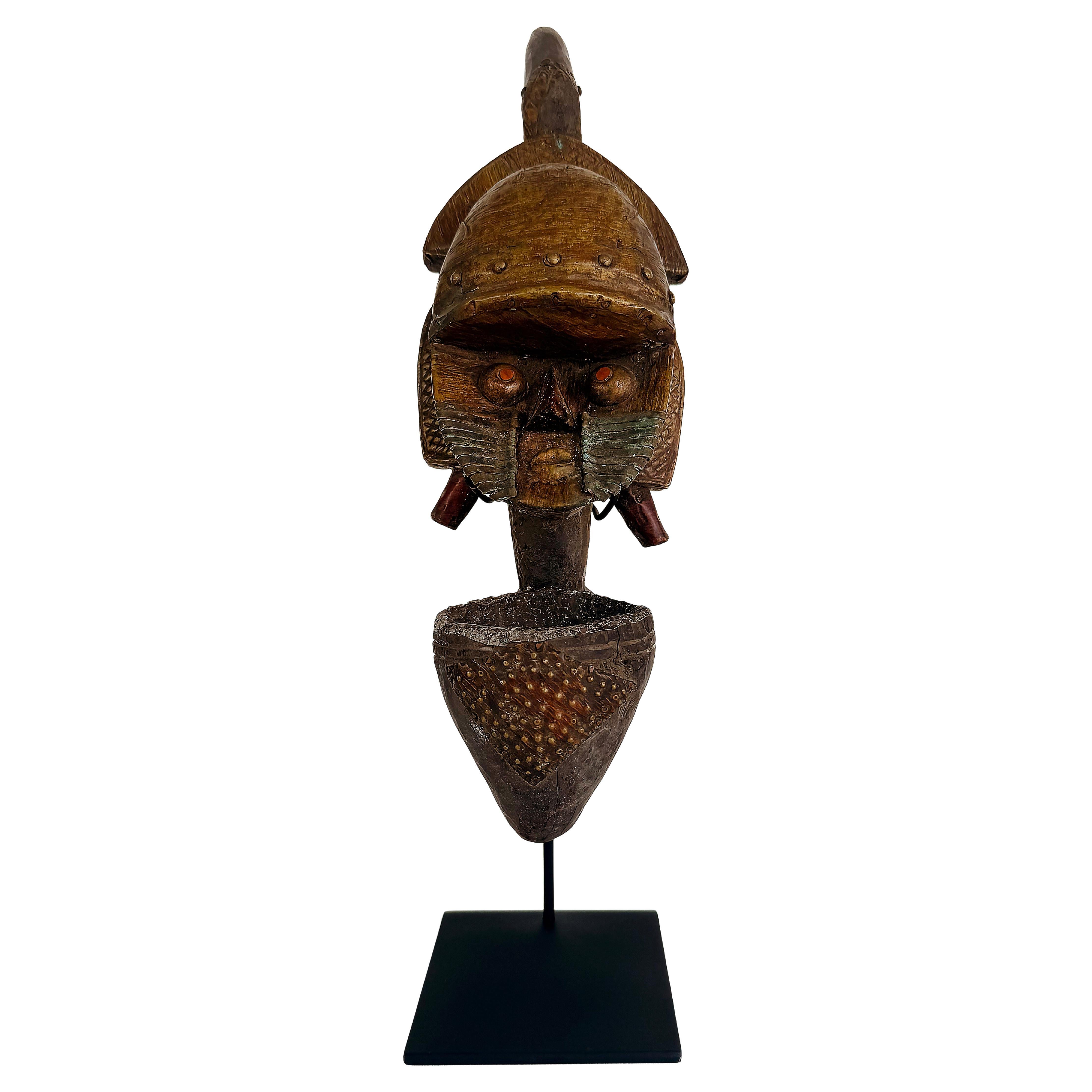 African Kota People, Gabon Carved, Metal Reliquary Pipe on Stand, 20th Century