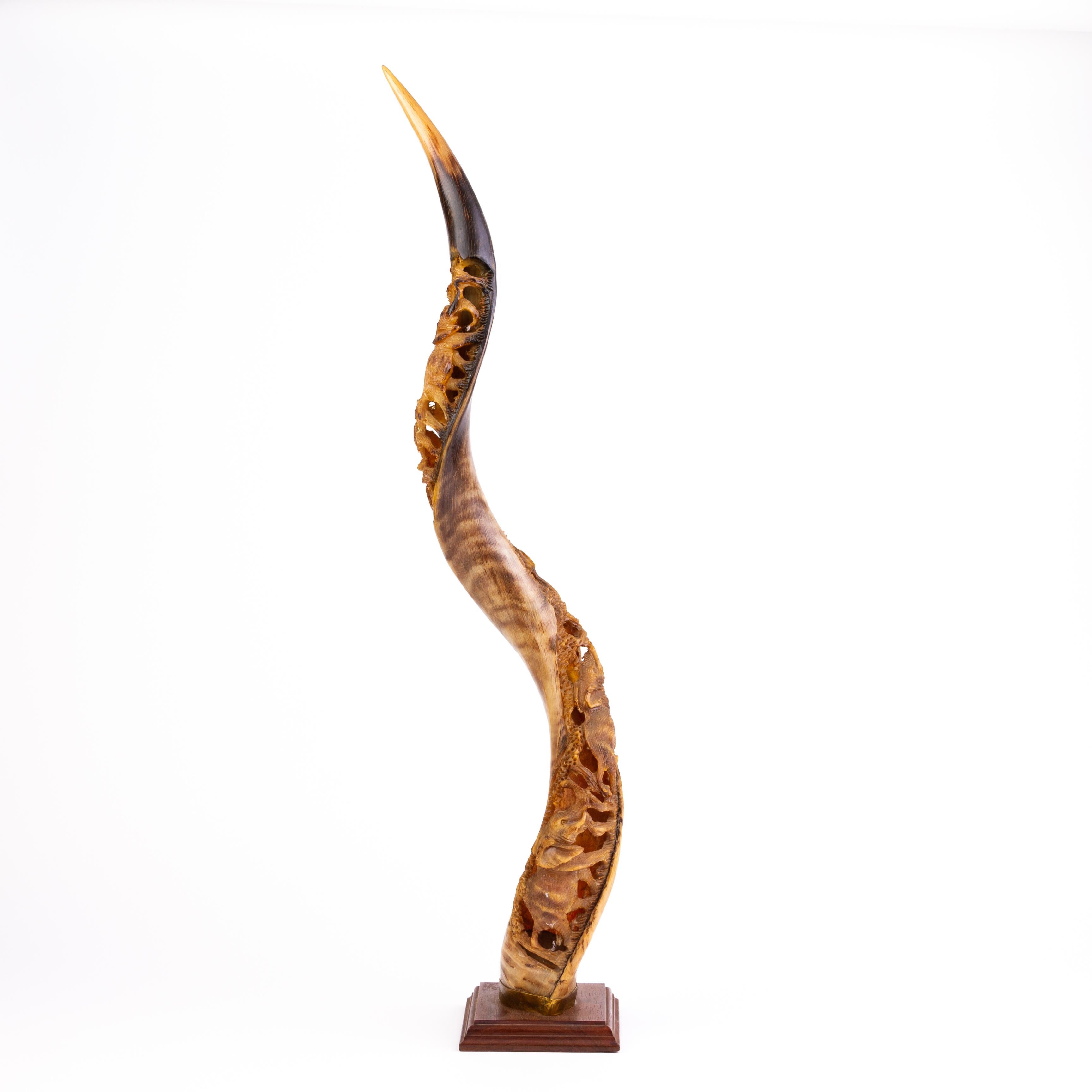 African Kudu Antelope Horn with Carved Elephants  In Good Condition For Sale In Nottingham, GB