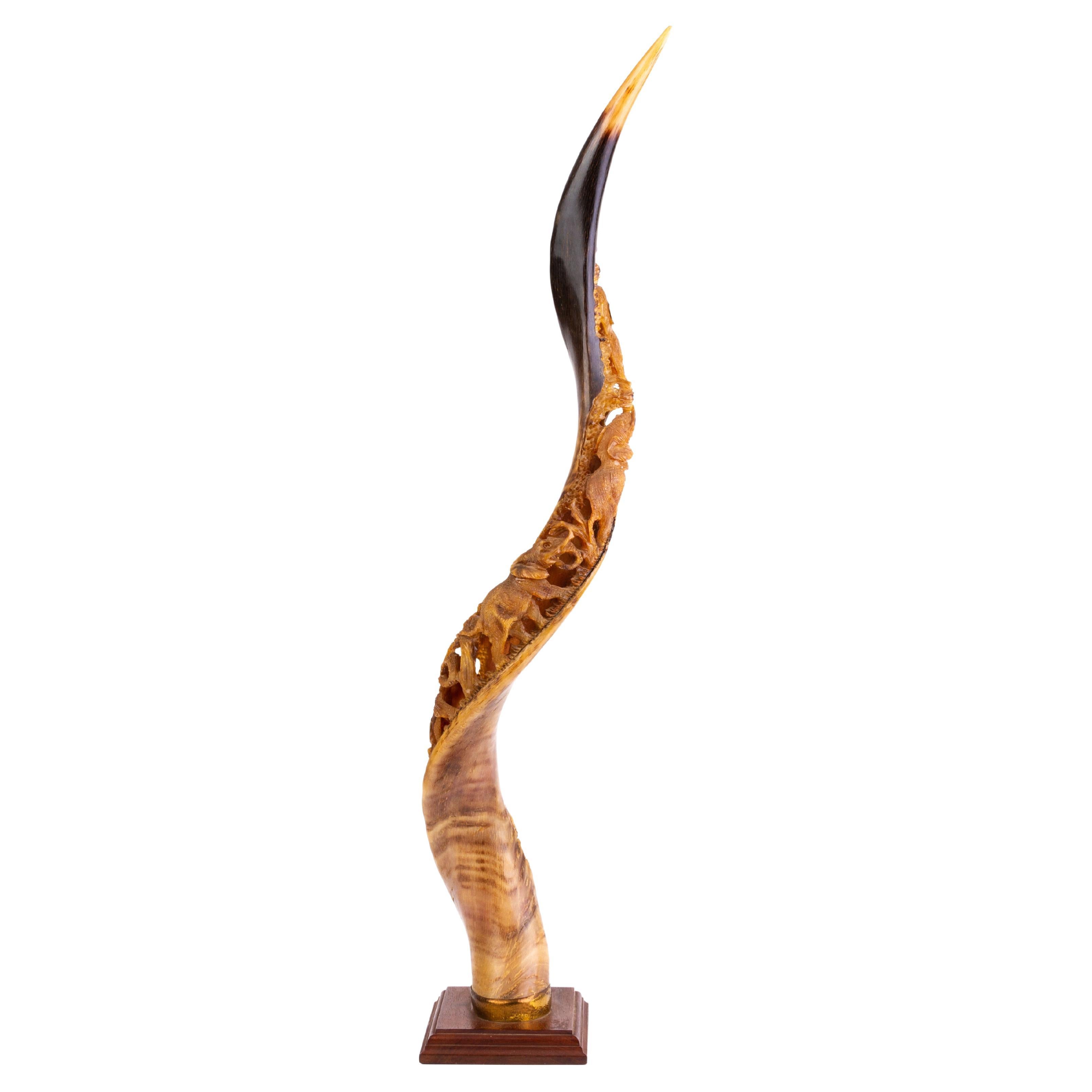 African Kudu Antelope Horn with Carved Elephants  For Sale