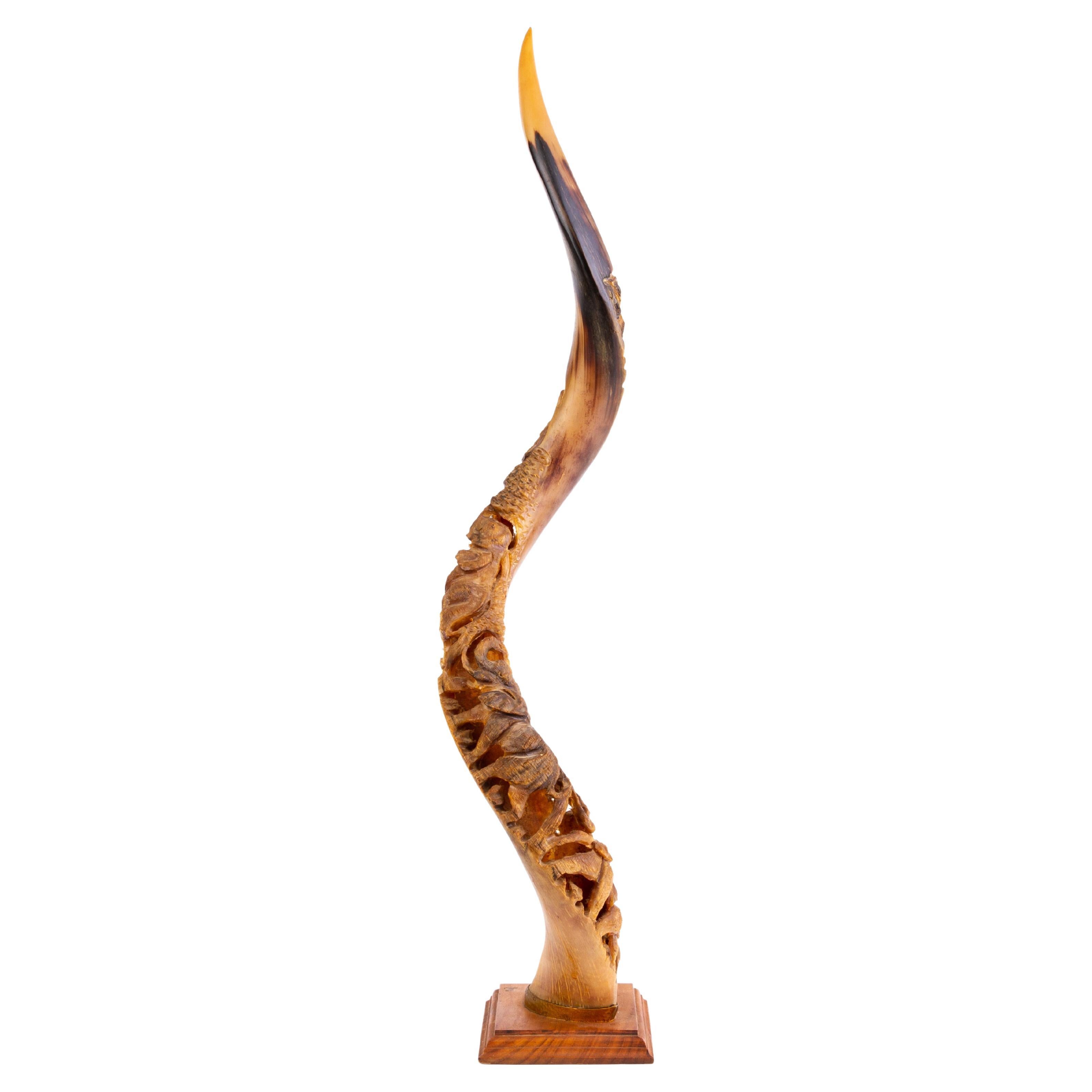 African Kudu Antelope Horn with Carved Elephants  For Sale