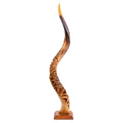 Vintage African Kudu Antelope Horn with Carved Elephants 