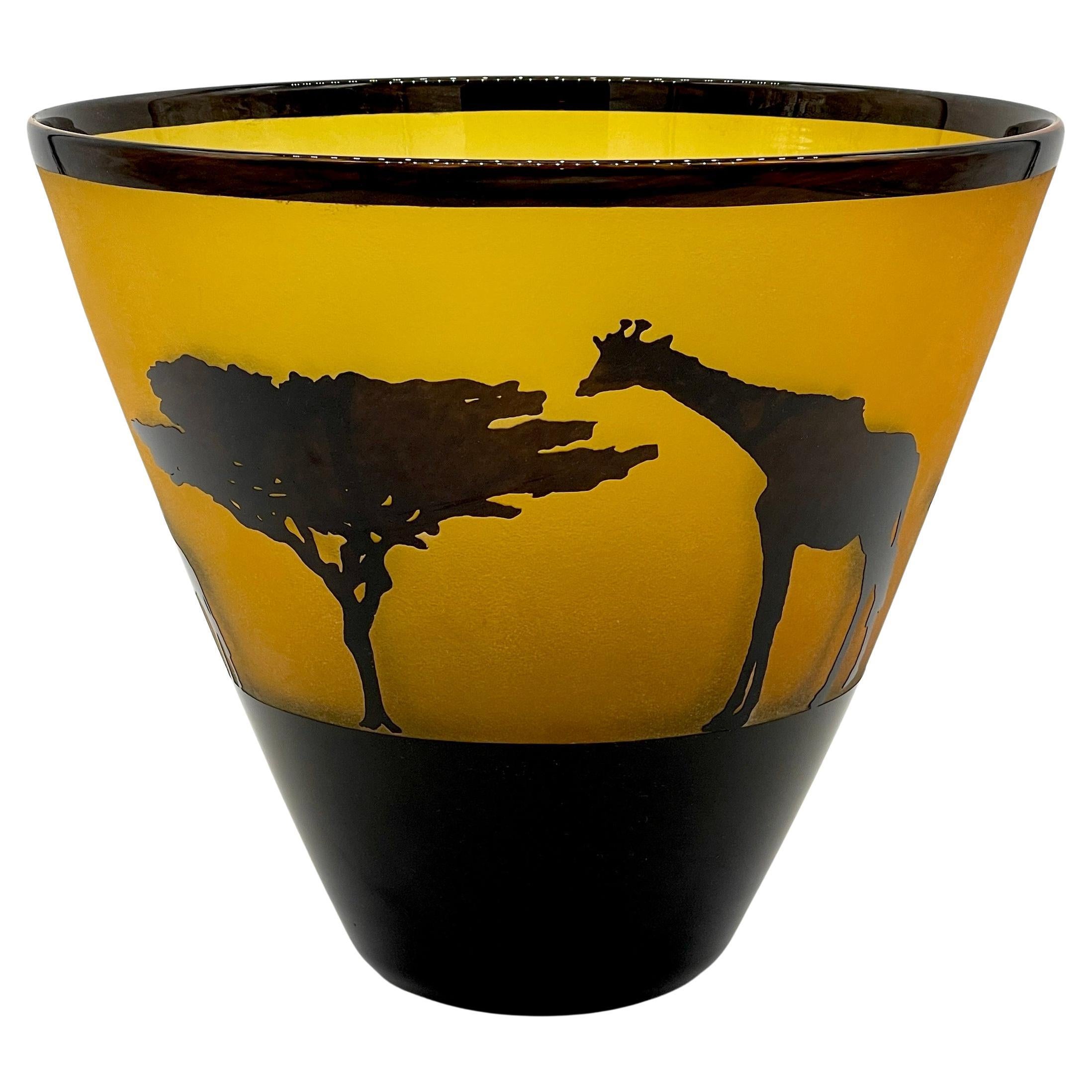 African Landscape Cameo Glass Vase by Steven Correia, 1986 Edition of #168/500
USA, Produced in 1986, Limited Edition of #168/500
Correia Art Glass founded in 1973 in Santa Monica, Calif., by glass artist, Steven V. Correia.

A stunning good sized