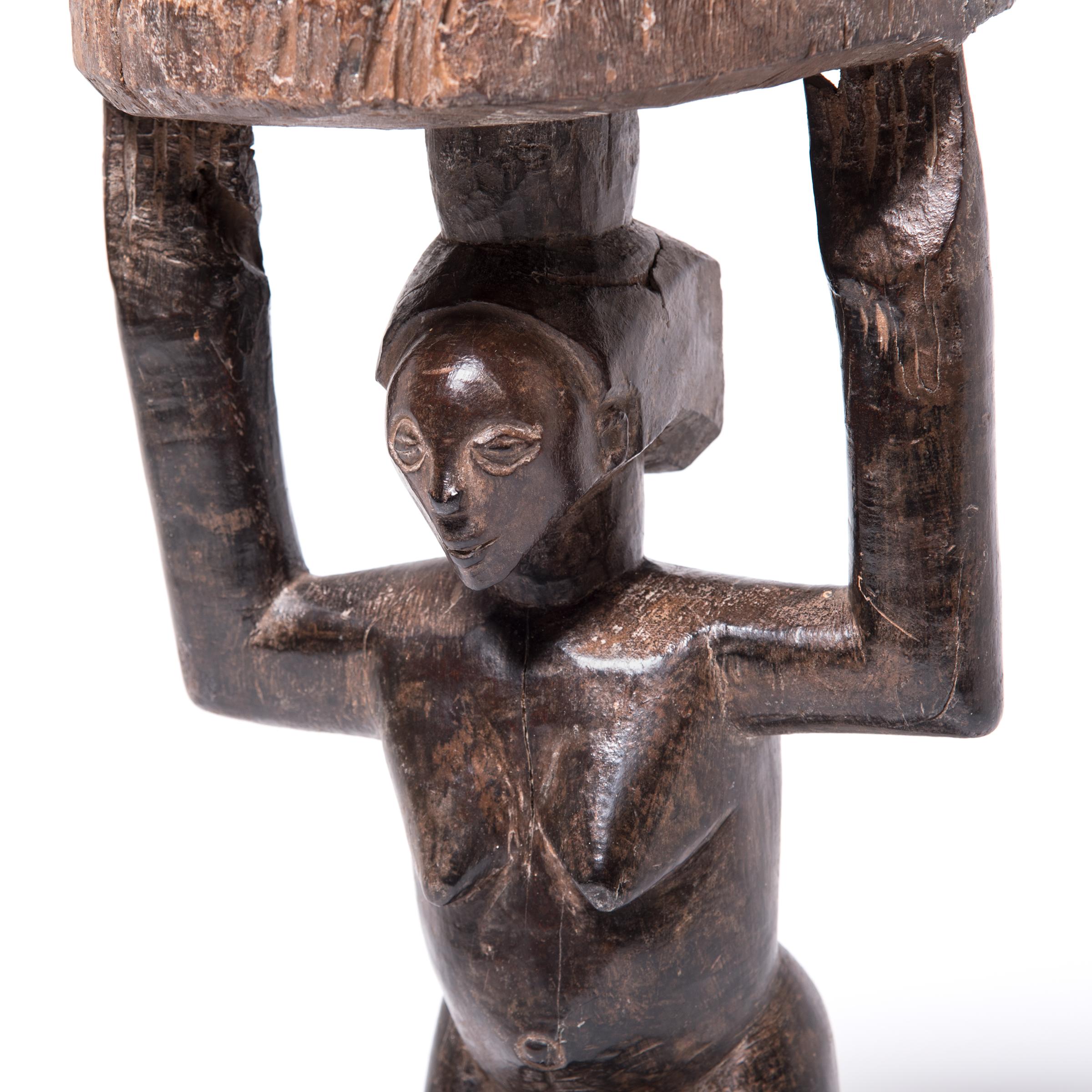 Carved African Luba Caryatid Stool For Sale
