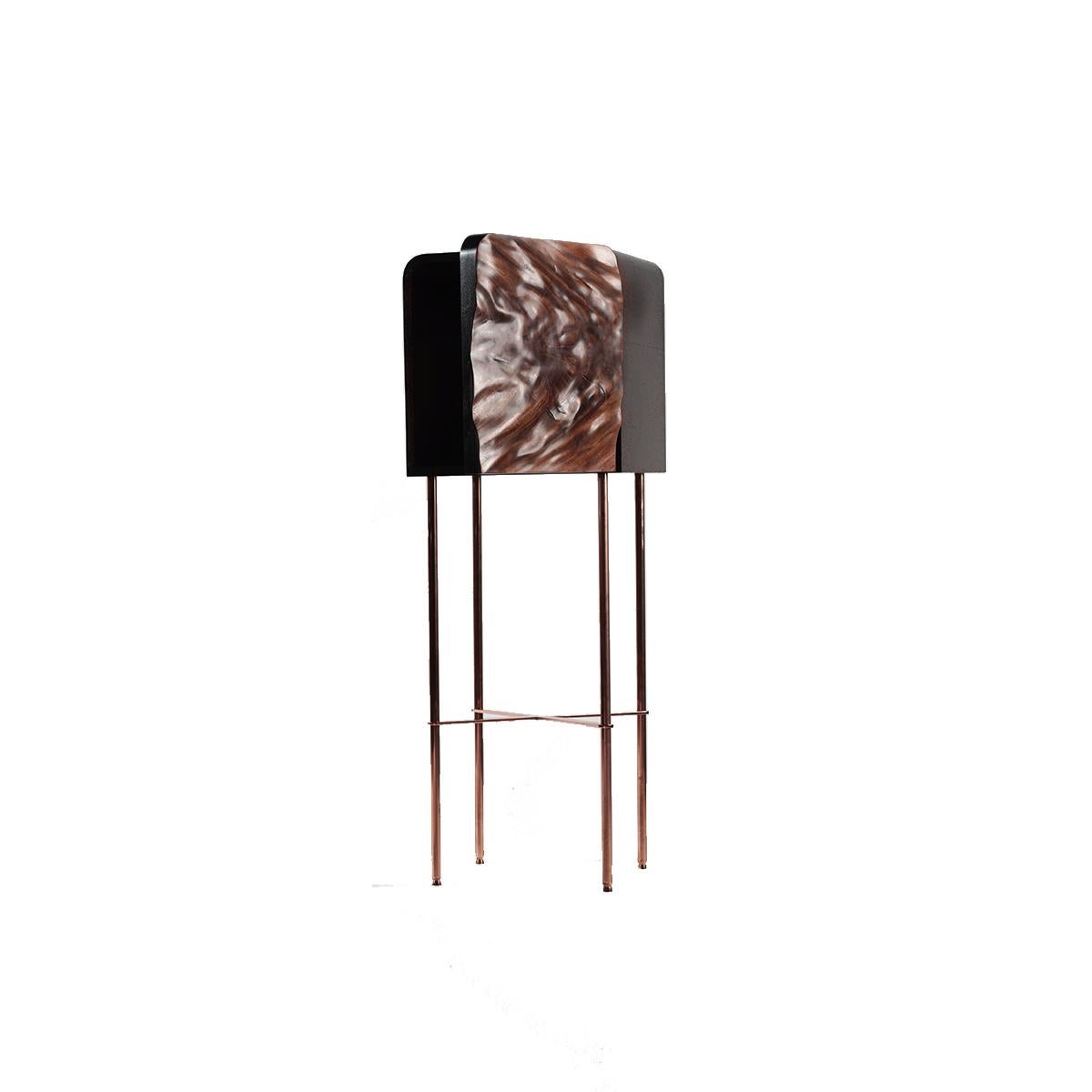 African mahogany wood veneer cabinet style nightstand, they also fit well as side tables or high cabinet pieces. Legs in copper plated steel. Handcrafted. Priced per single piece. This listing is for the shorter night stand / sidecabinet model; 