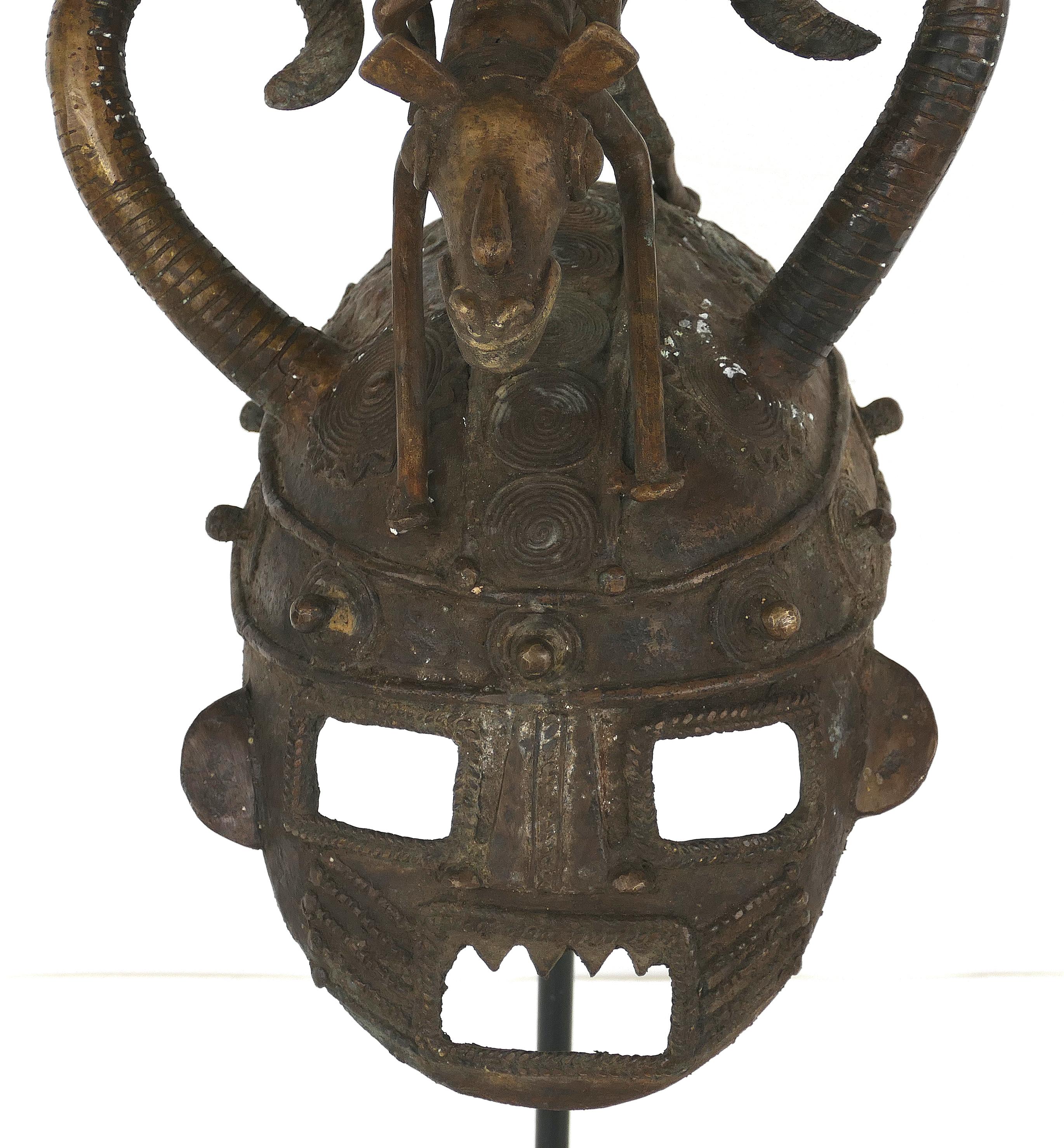 Malian African Mali Cast Bronze Figural Helmet on Stand, 20th Century For Sale