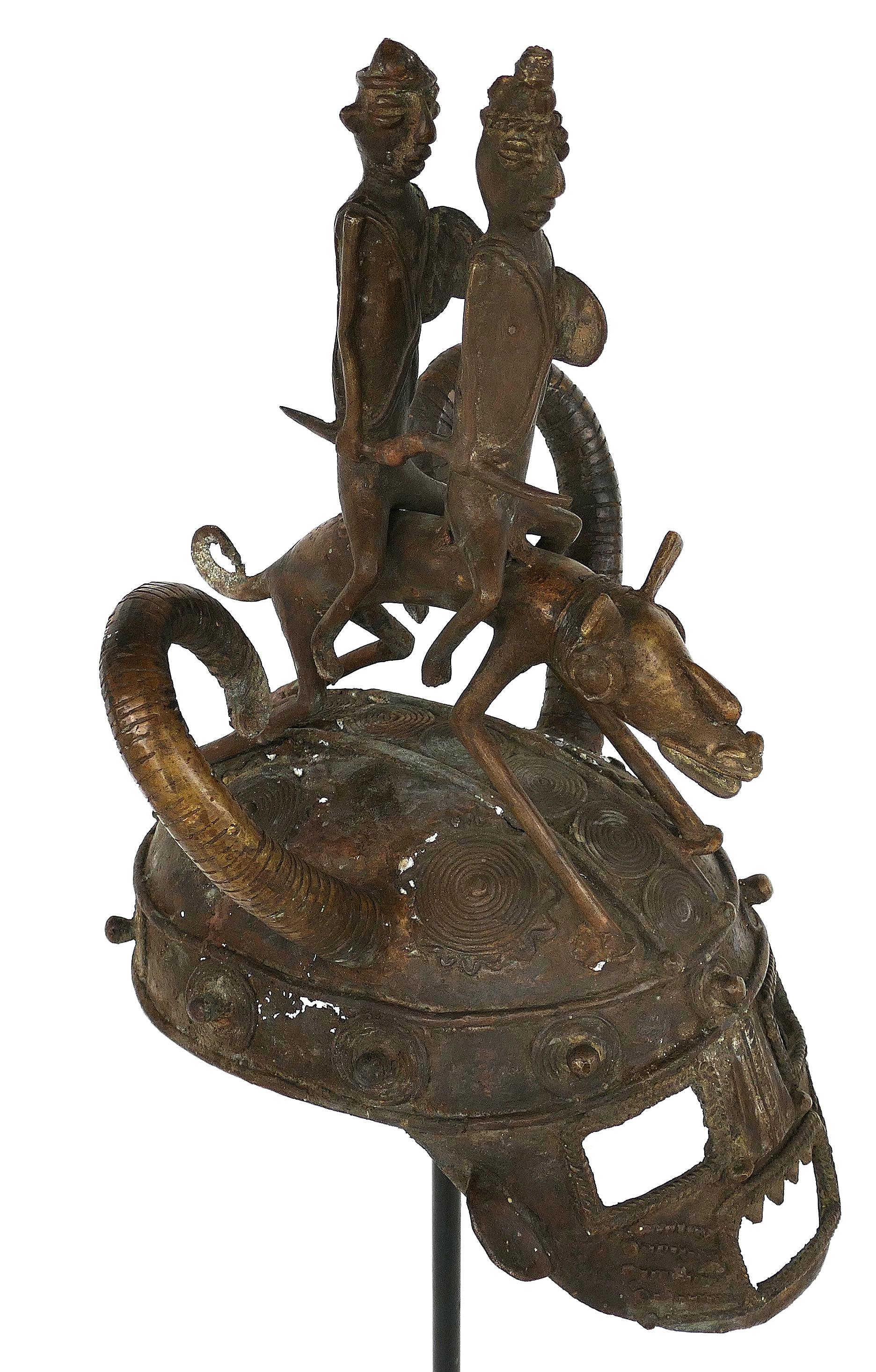 African Mali Cast Bronze Figural Helmet on Stand, 20th Century In Fair Condition For Sale In Miami, FL