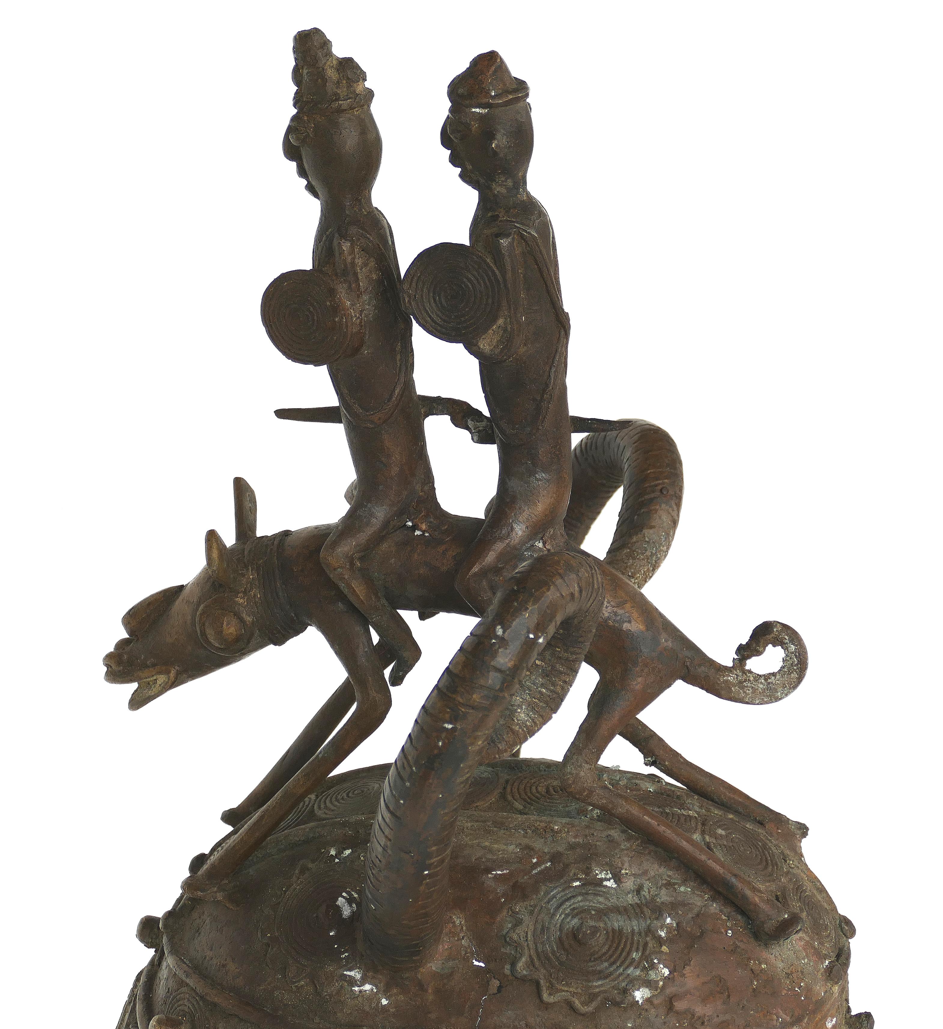 African Mali Cast Bronze Figural Helmet on Stand, 20th Century For Sale 3