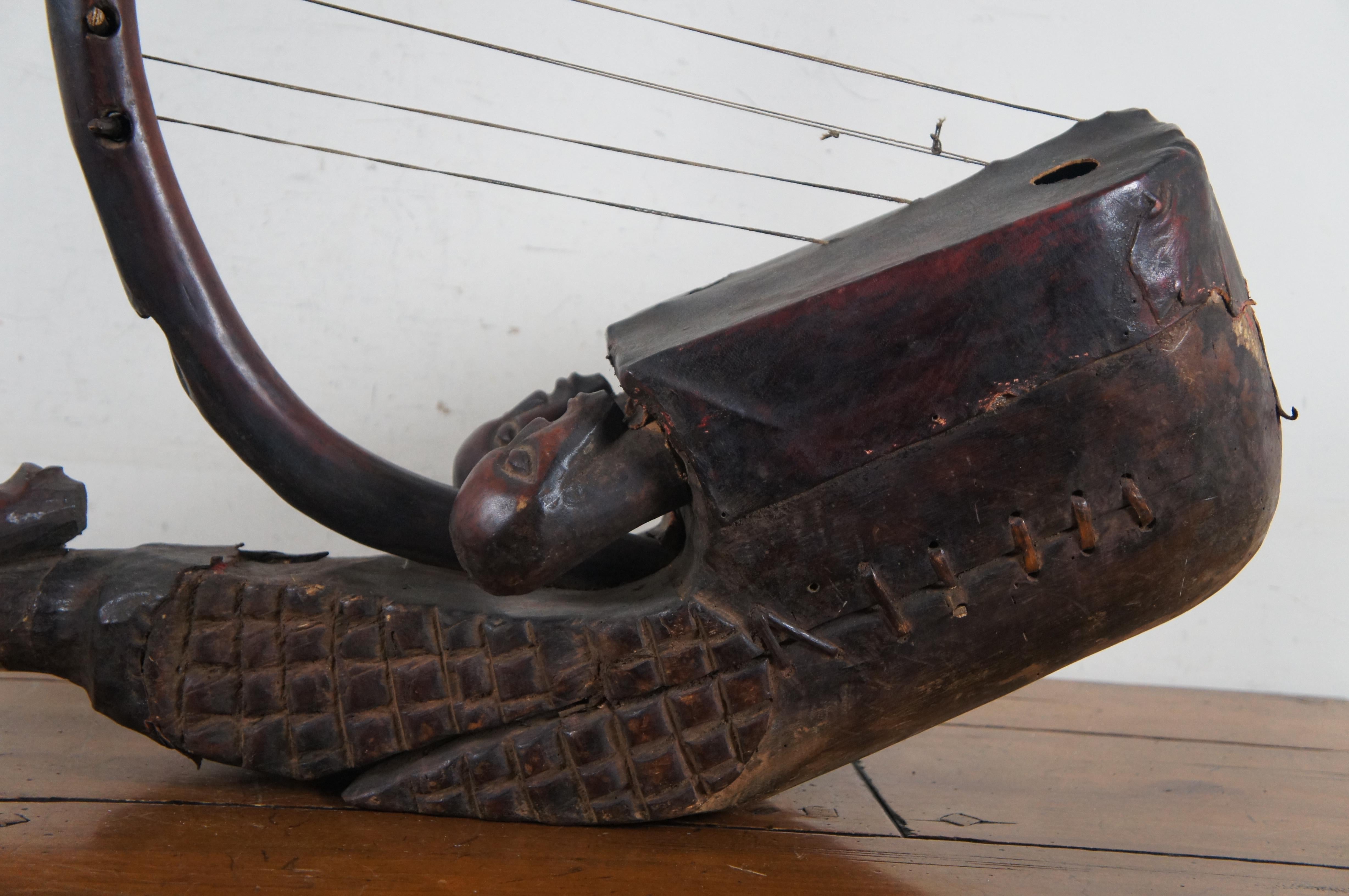 Leather African Mangbetu Carved Figural Fertility Bow Harp Domu Instrument 27