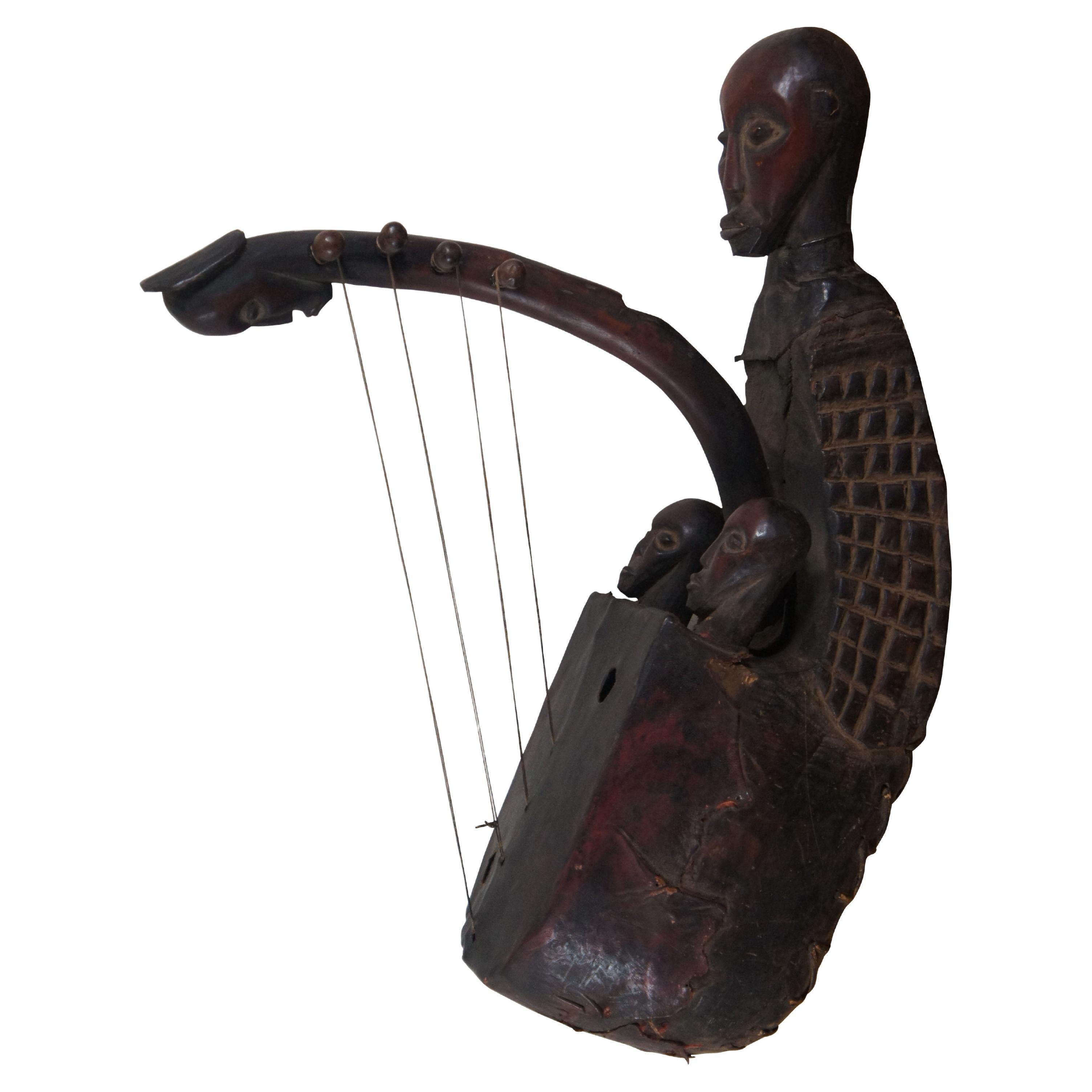 African Mangbetu Carved Figural Fertility Bow Harp Domu Instrument 27" For Sale