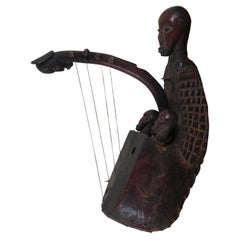 Retro African Mangbetu Carved Figural Fertility Bow Harp Domu Instrument 27"