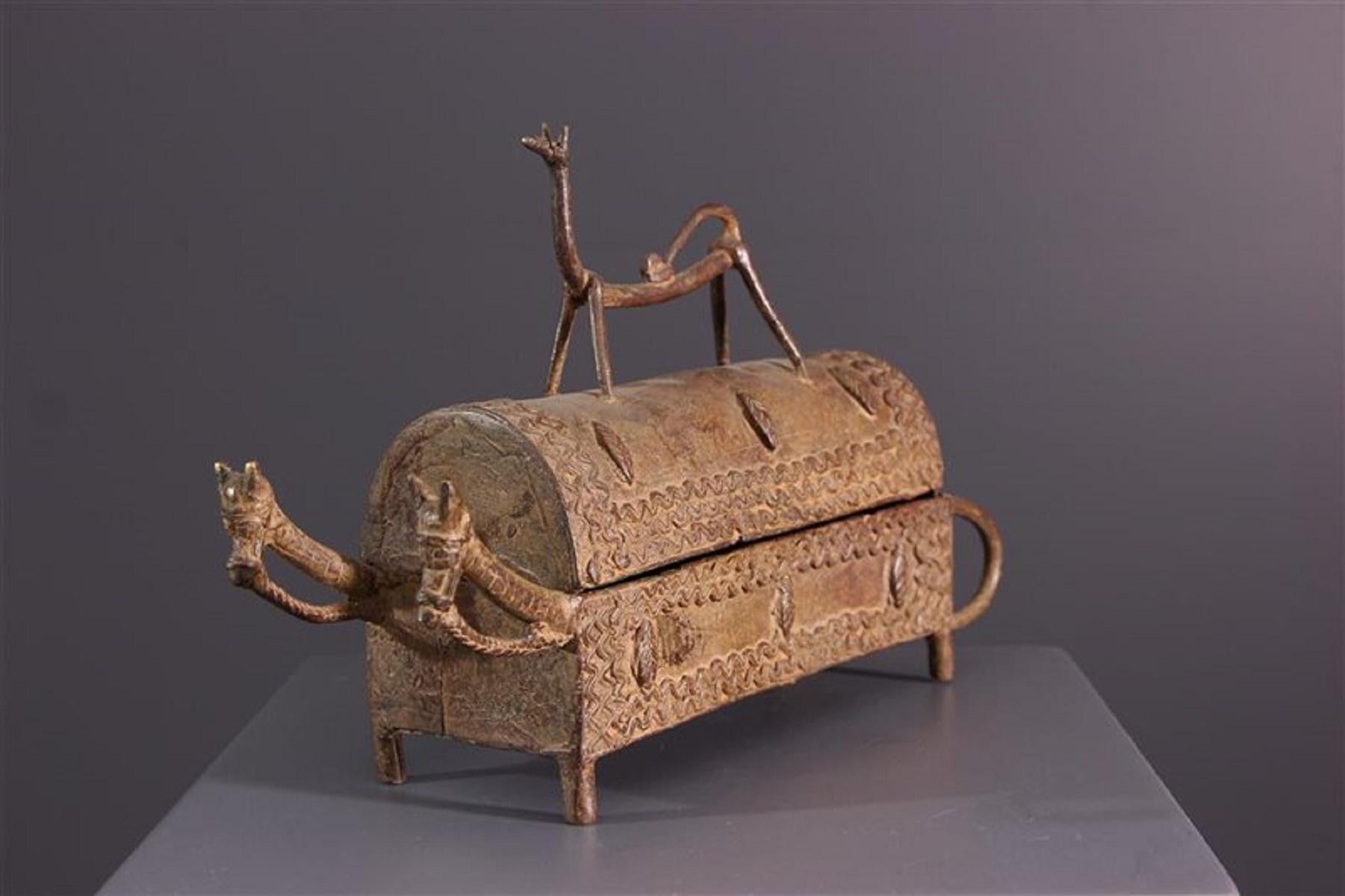 Bronze Dogon Box in wonderful original condition
(Ex-collection of French African art)
The frequent representations of horsemen in the African art of the Dogon of Mali refer to their cosmogony and complex religious myths. 
One of the Nommos,