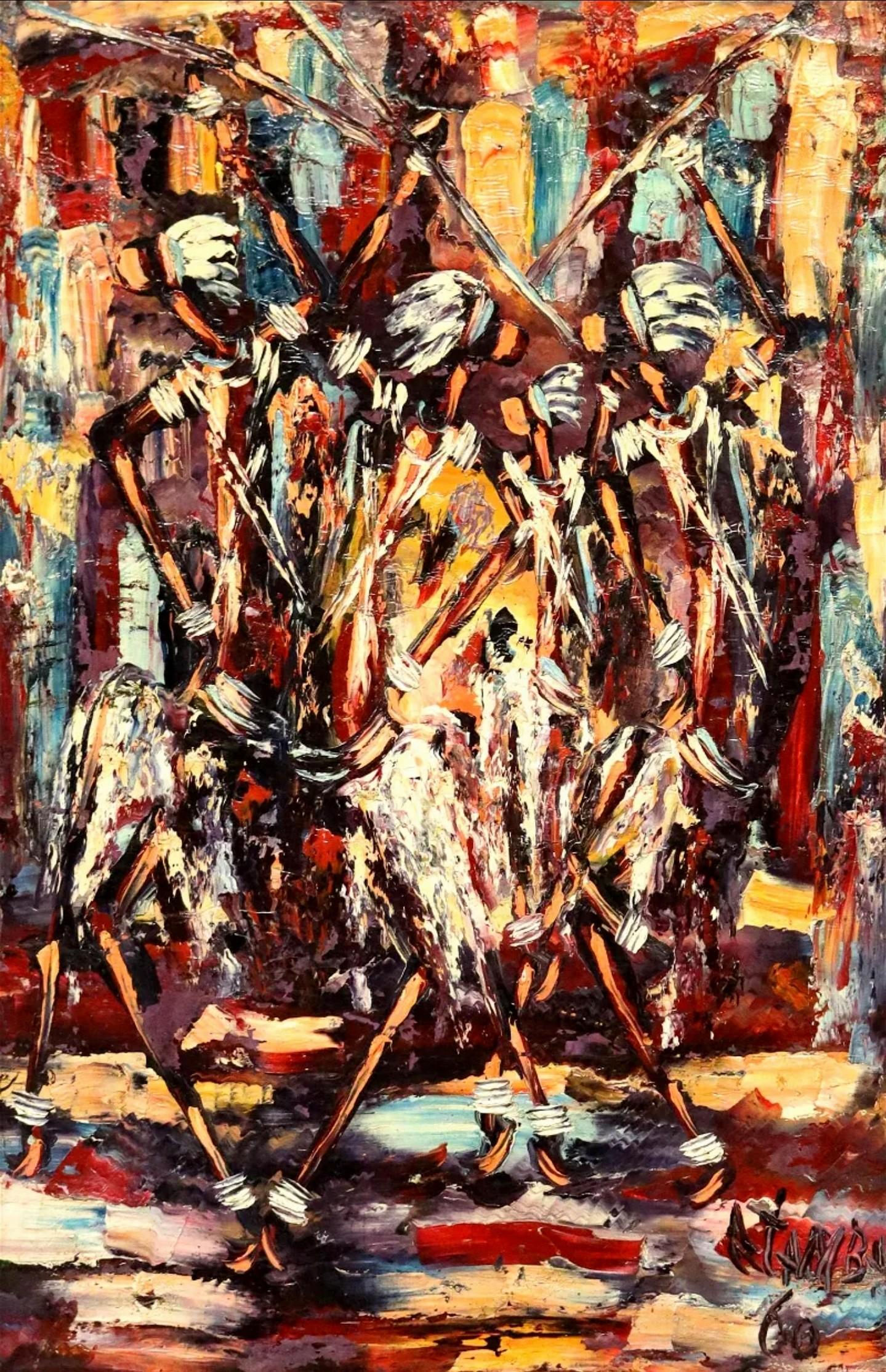 Ein gerahmtes originales afrikanisches Ölgemälde aus der Mitte des Jahrhunderts, Demokratische Republik Kongo, signiert unten rechts Atamb(?), (19)60, das abstrakte tanzende Figuren darstellt, in einem patinierten Rahmen aus vergoldetem Holz,