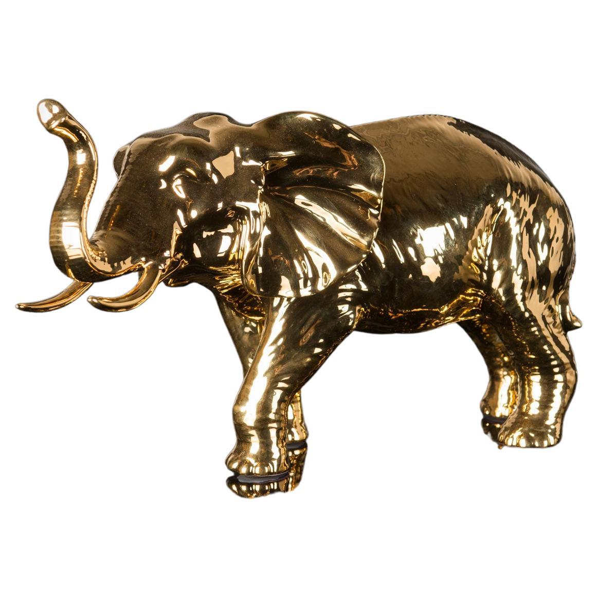 African Mother Elephant in Ceramic, Shiny Gold 24K Italy For Sale