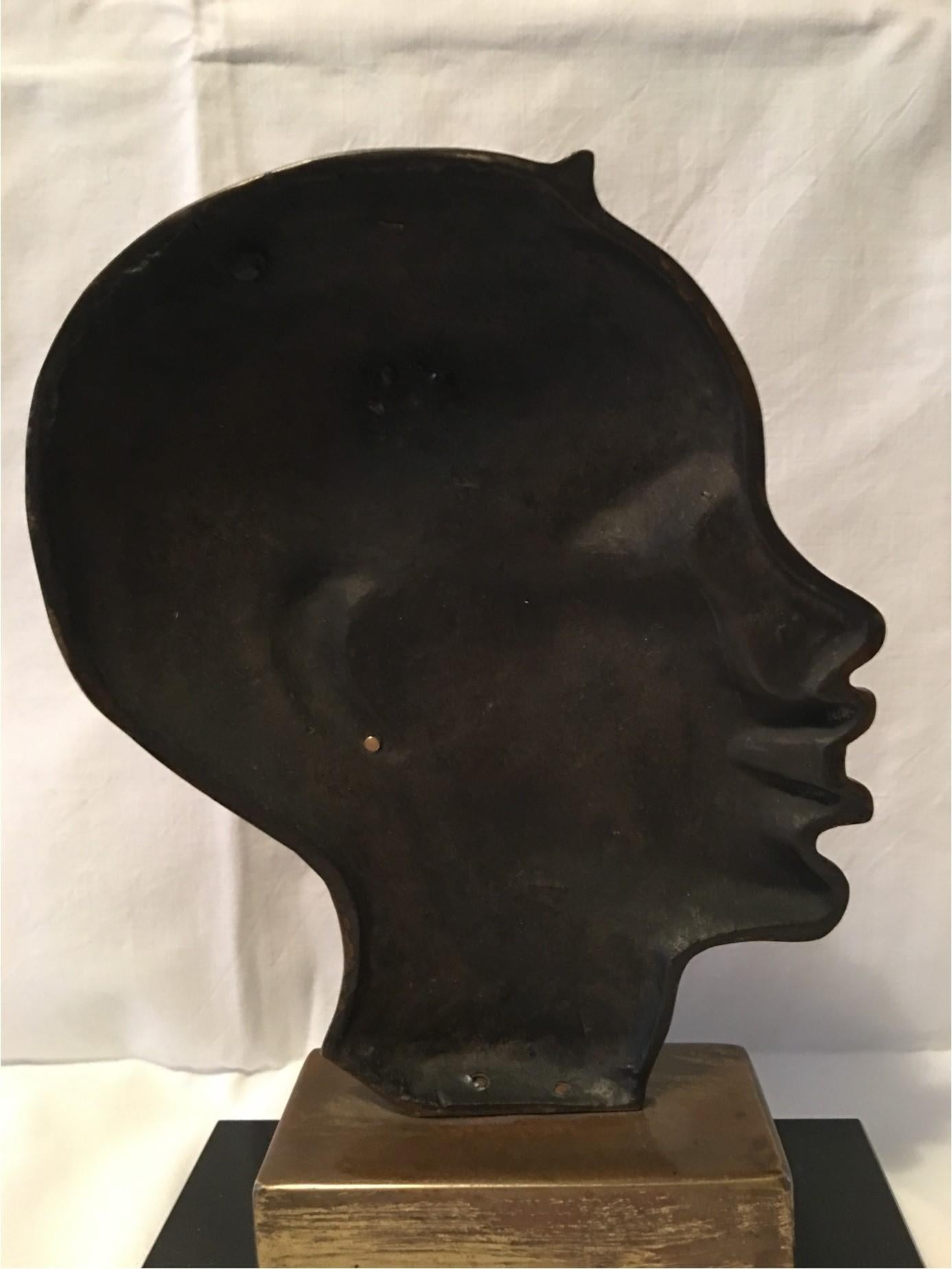 Austrian African Native Head Brass Bust on Marble Base in the Style of Hagenauer For Sale