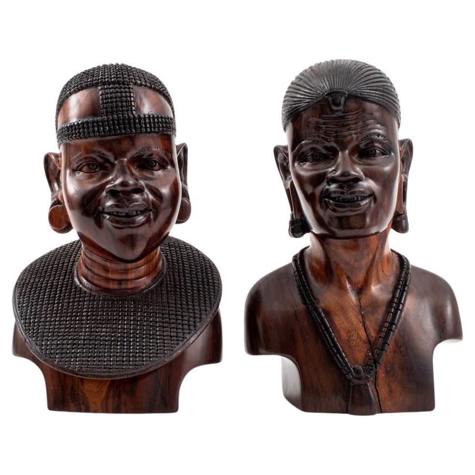 African Ndaka Hardwood Carved Busts, Pair For Sale