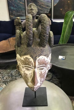 African Nigerian Igbo Carved Maiden Mask Sculpture on Stand