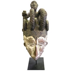 African Nigerian Igbo Carved Maiden Mask Sculpture on Stand