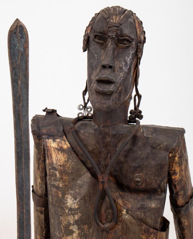 Brutalist African / Oceanic Warrior Metal Sculpture Signed For Sale