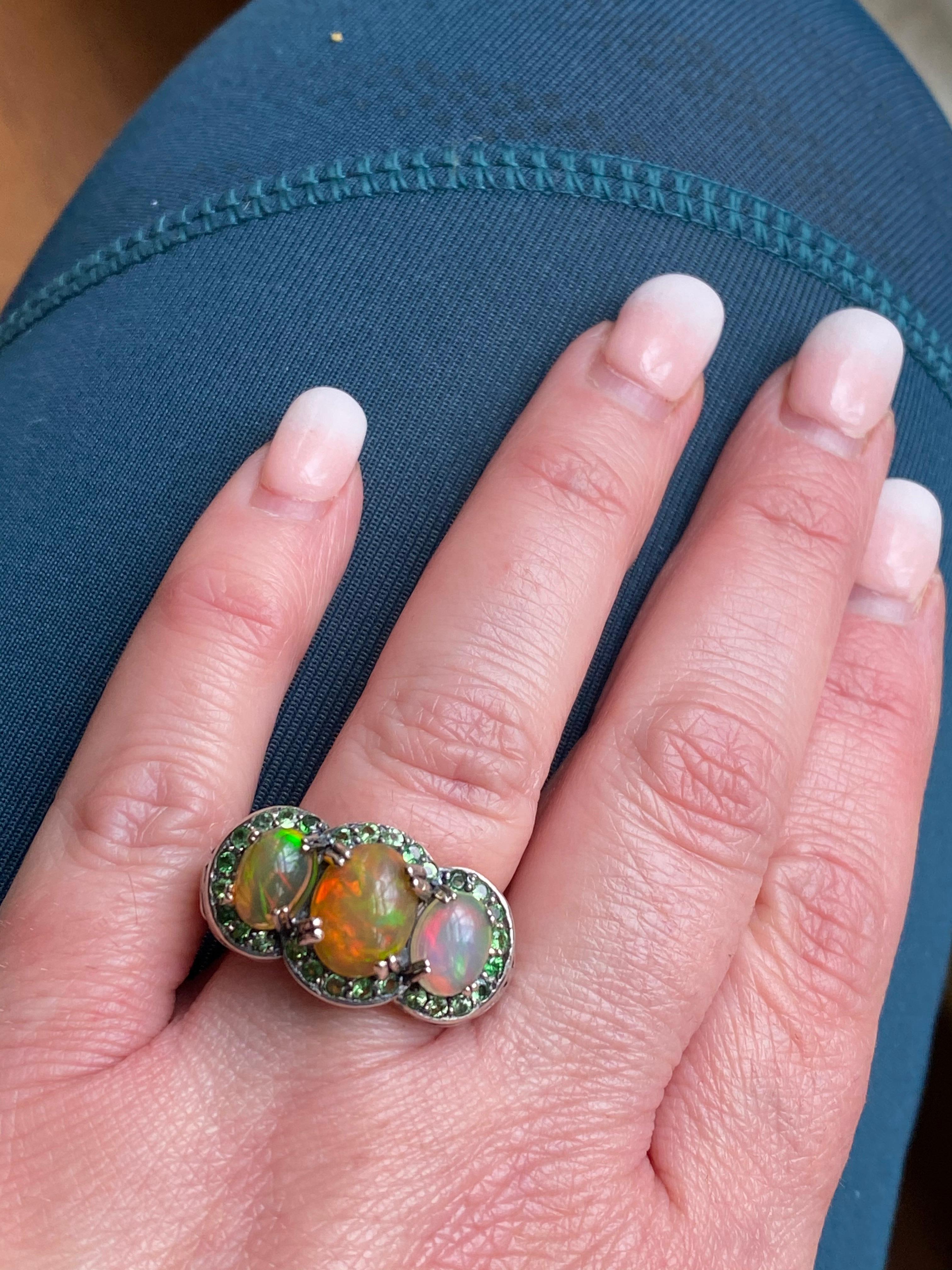 African Opal and Tsavorite Garnet Ring in Sterling Silver 6