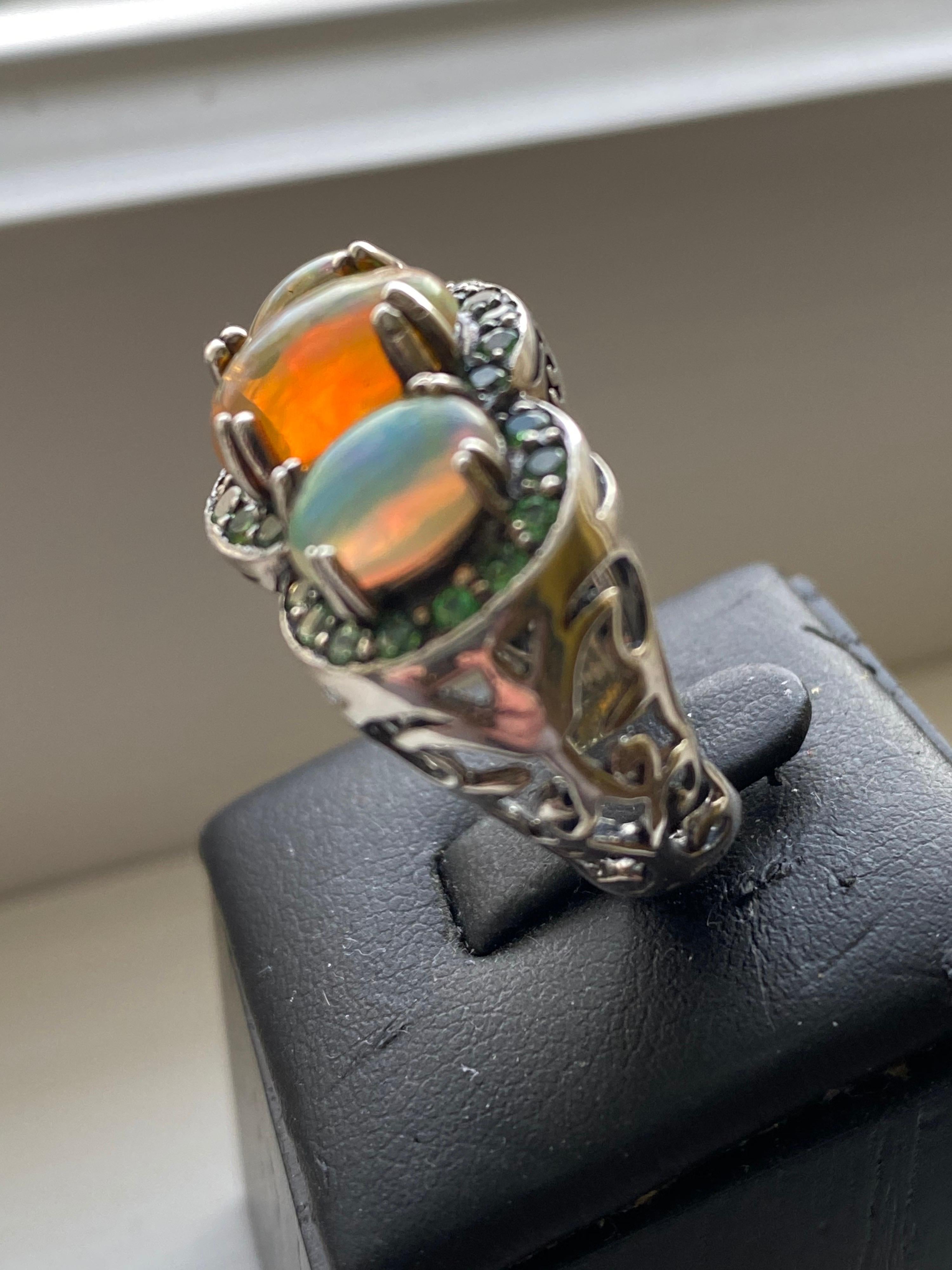 Artisan African Opal and Tsavorite Garnet Ring in Sterling Silver