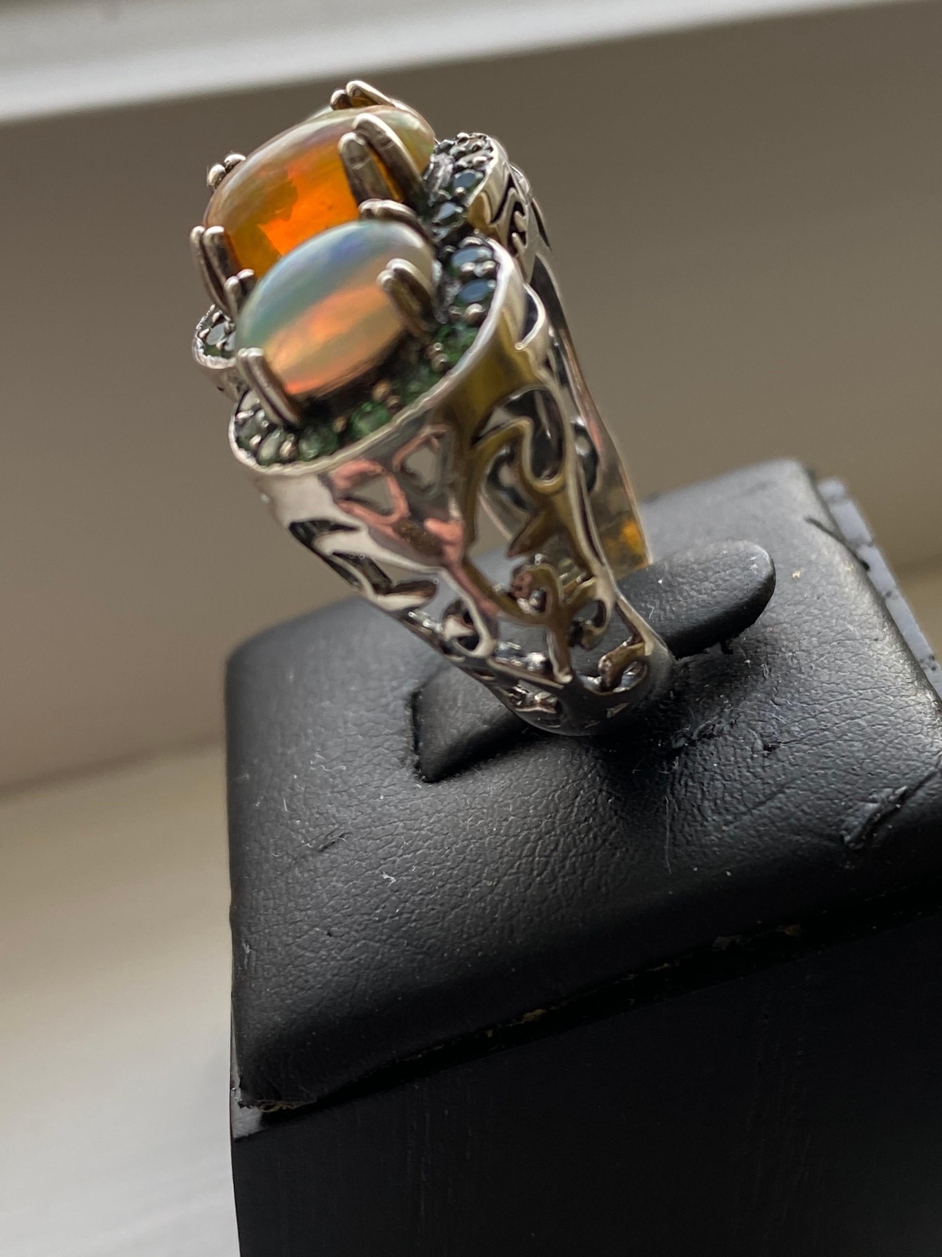 Oval Cut African Opal and Tsavorite Garnet Ring in Sterling Silver