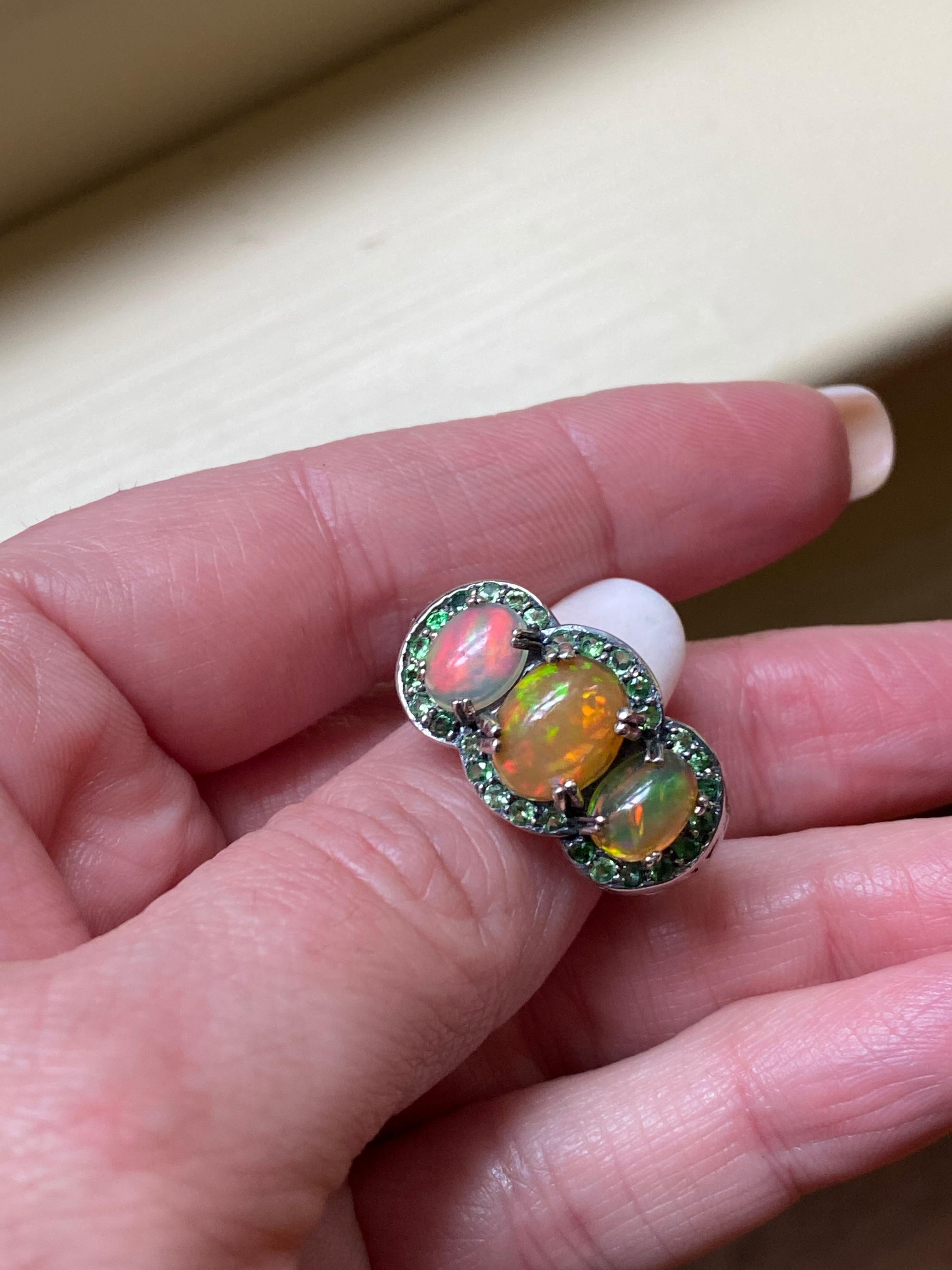 African Opal and Tsavorite Garnet Ring in Sterling Silver In Excellent Condition In New York, NY