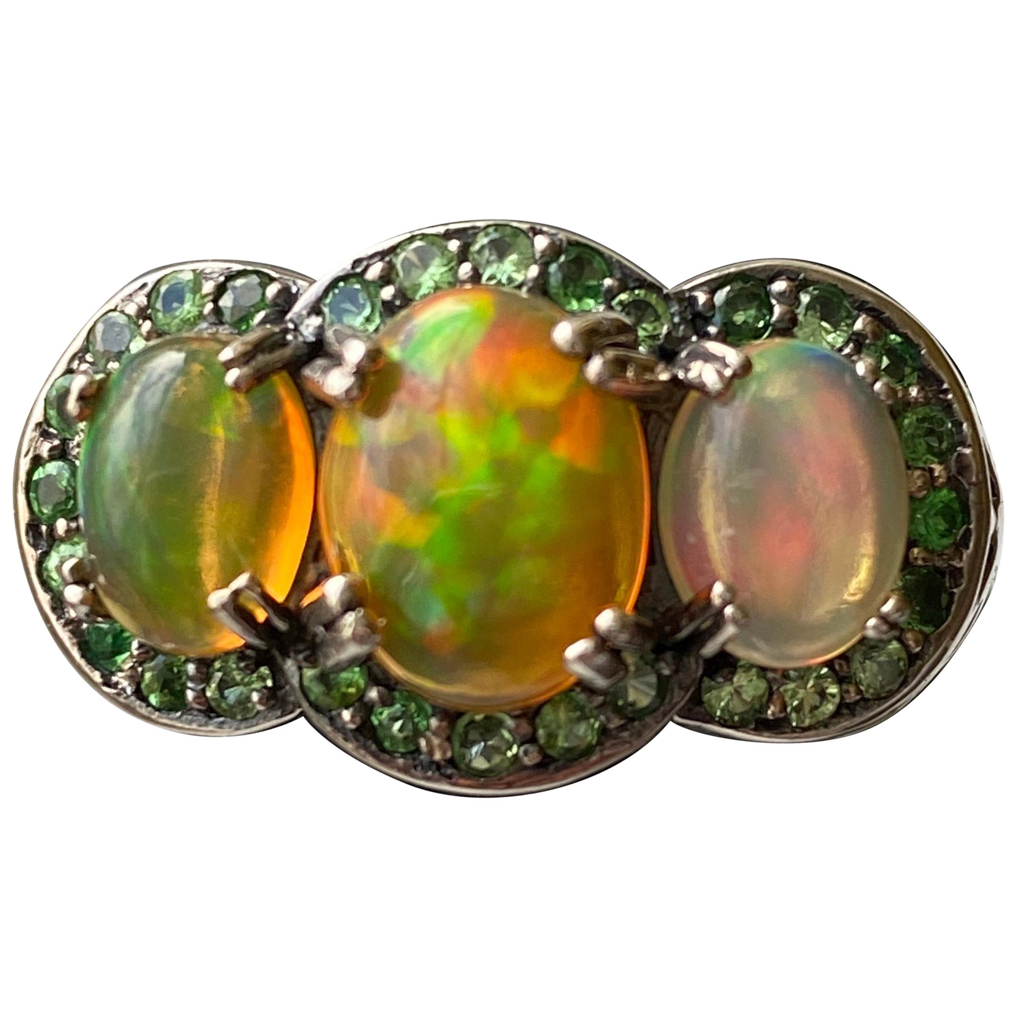 African Opal and Tsavorite Garnet Ring in Sterling Silver