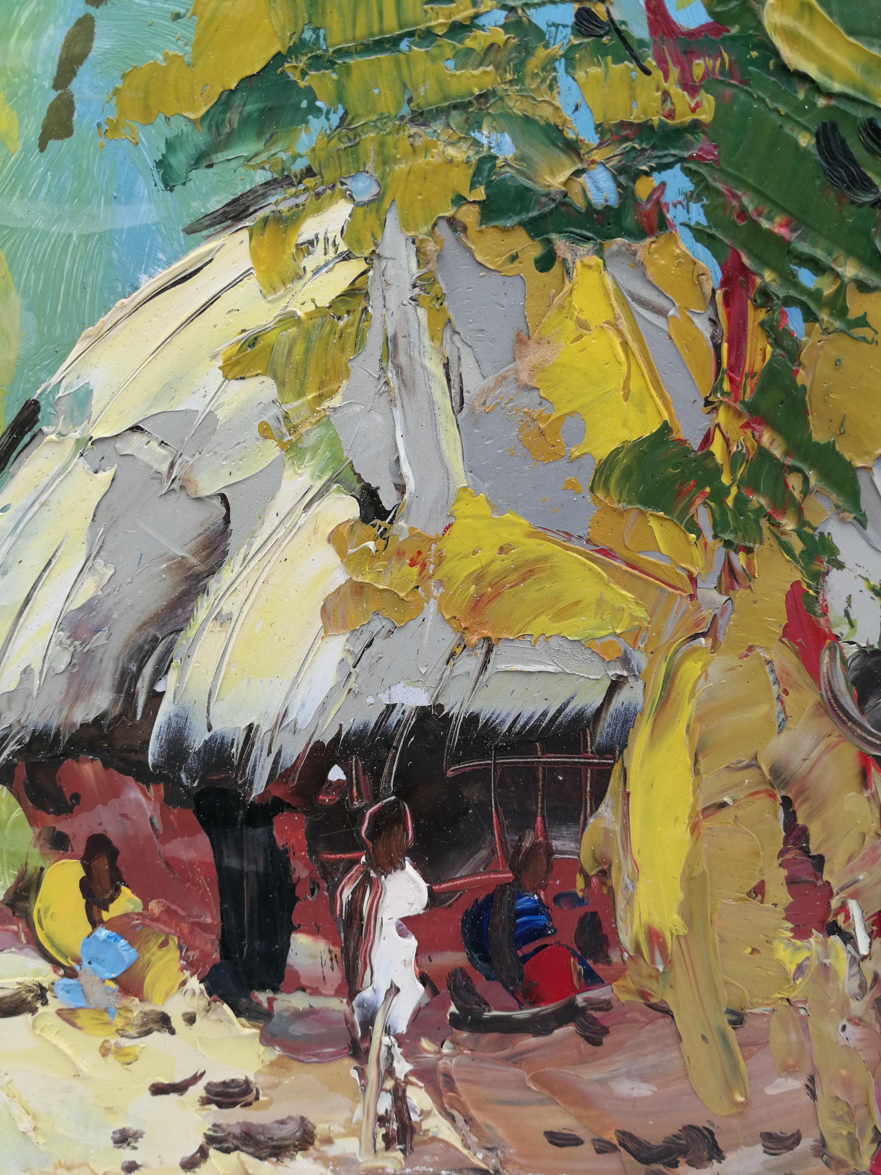 Family life around the hut. Oil on chipboard. Belgium Congo, signed by DOM around 1950. Knife painting. Unframed. 
DOM is a prolific painter with a passion for painting with knives. He depicts traditional African culture on a daily basis. His