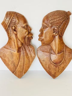 African Pair Basrelief Wall Wood Sculptures
