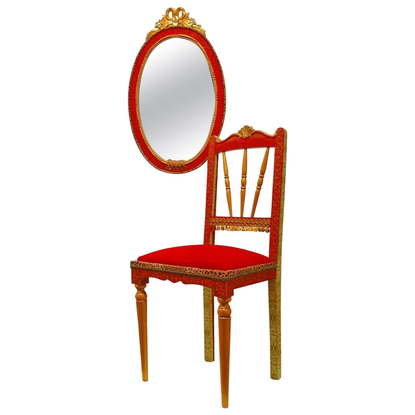 African Queen"Rainha Ginga" Eclectic Set Mirror & Chair Gilt Red & Leopard Paper For Sale