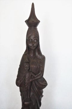 African Rosewood Hand Carved Sculpture of Holy Mary Holding Baby Jesus