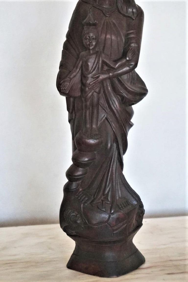 20th Century African Rosewood Hand Carved Sculpture of Holy Mary Holding Baby Jesus For Sale