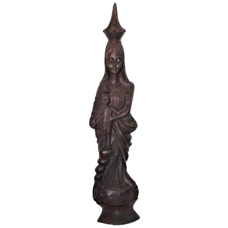 African Rosewood Hand Carved Sculpture of Holy Mary Holding Baby Jesus For Sale