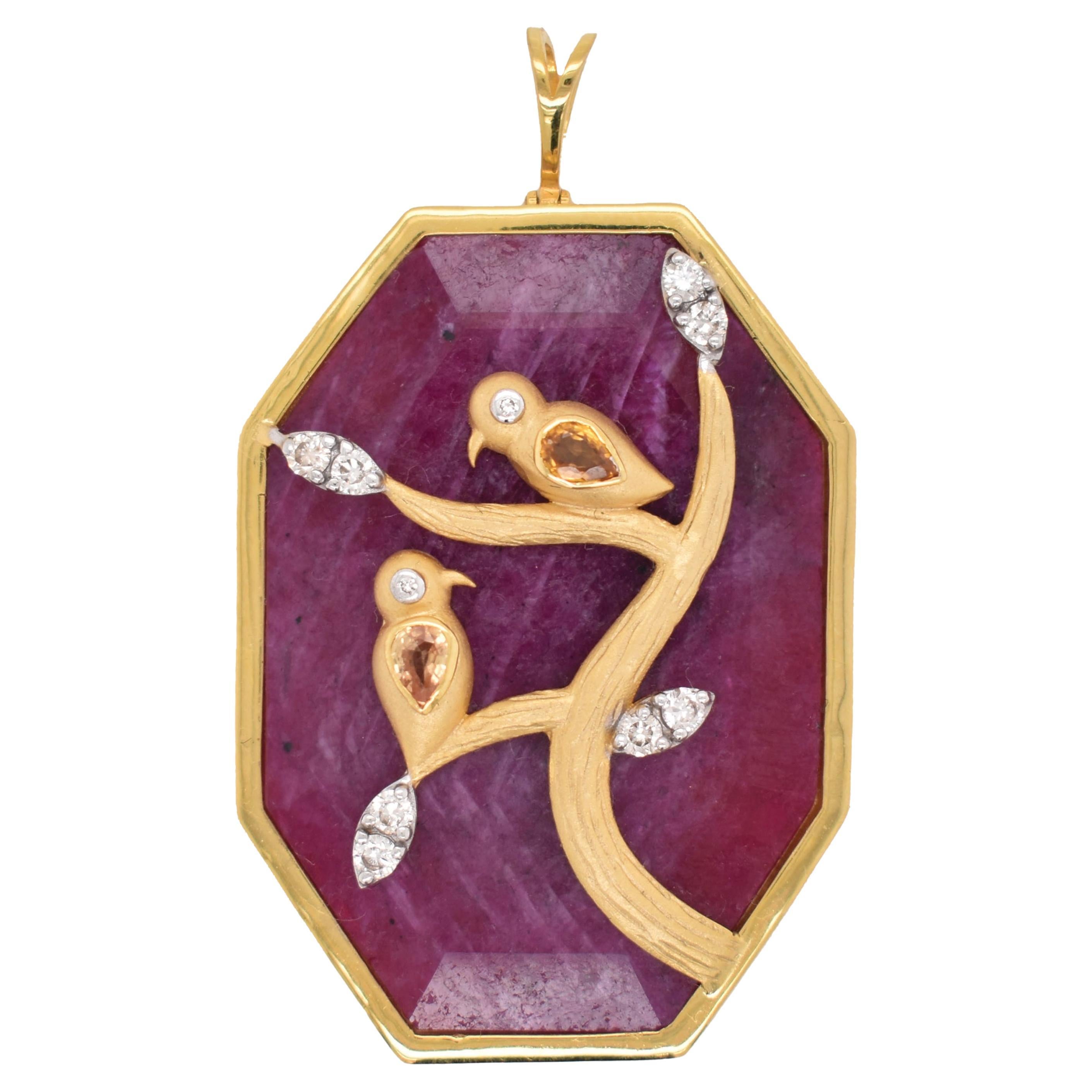 African Ruby Pendant Yellow Sapphire Love Birds Diamond Accents Gold Pendant