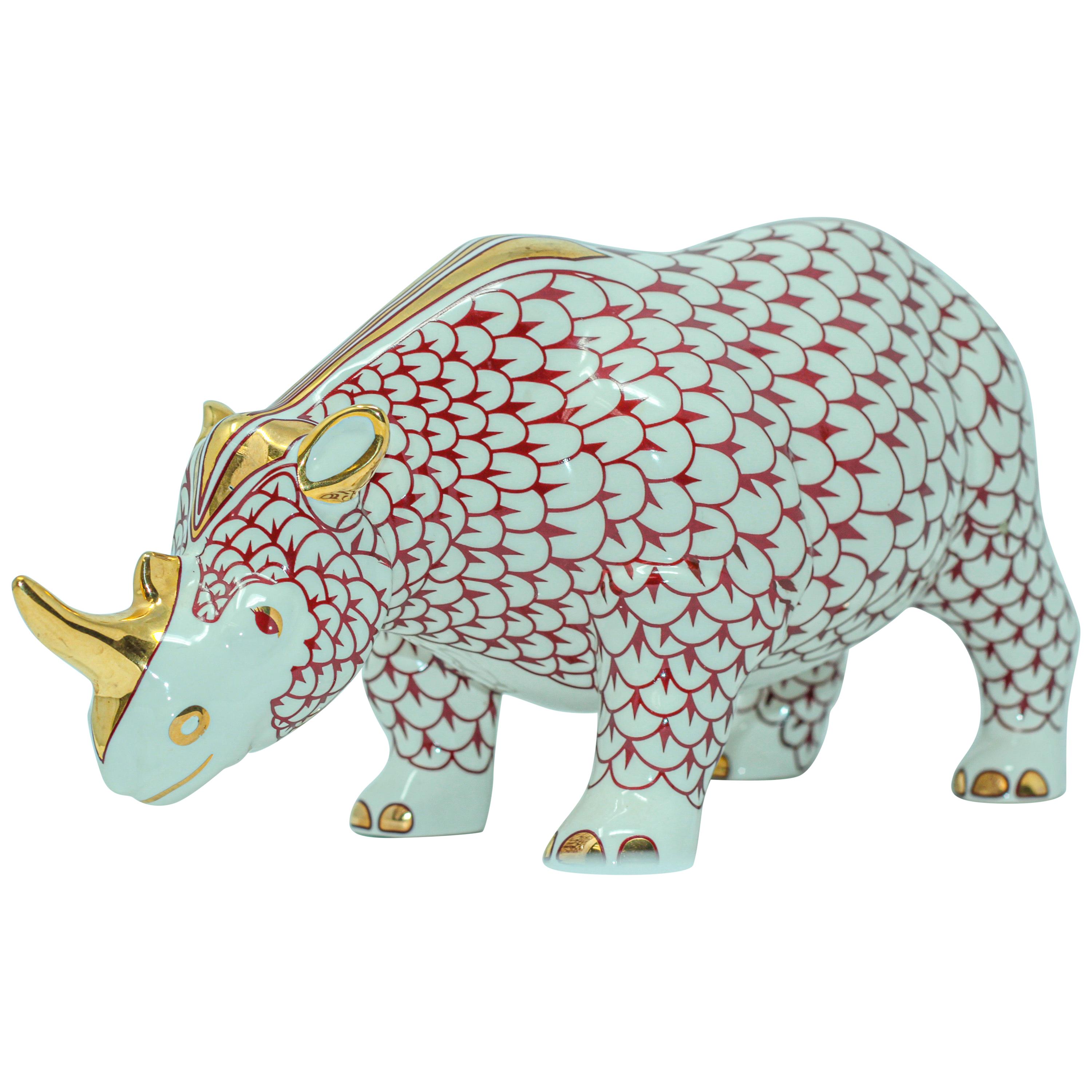 African Safari Porcelain Figural Rhinoceros Herend Style Hungary