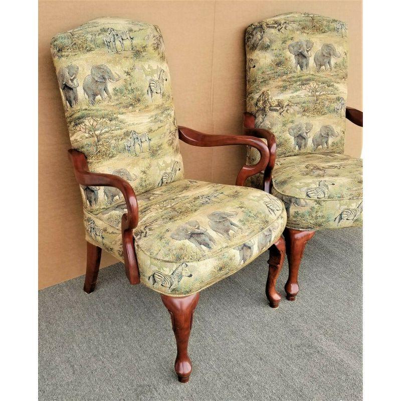Offering one of our recent Palm Beach Estate fine furniture acquisitions of a
pair of African Safari style accent dining armchairs.
Featuring tapestry-style animal print fabric and are very comfortable with spring-supported seats.
Approximate