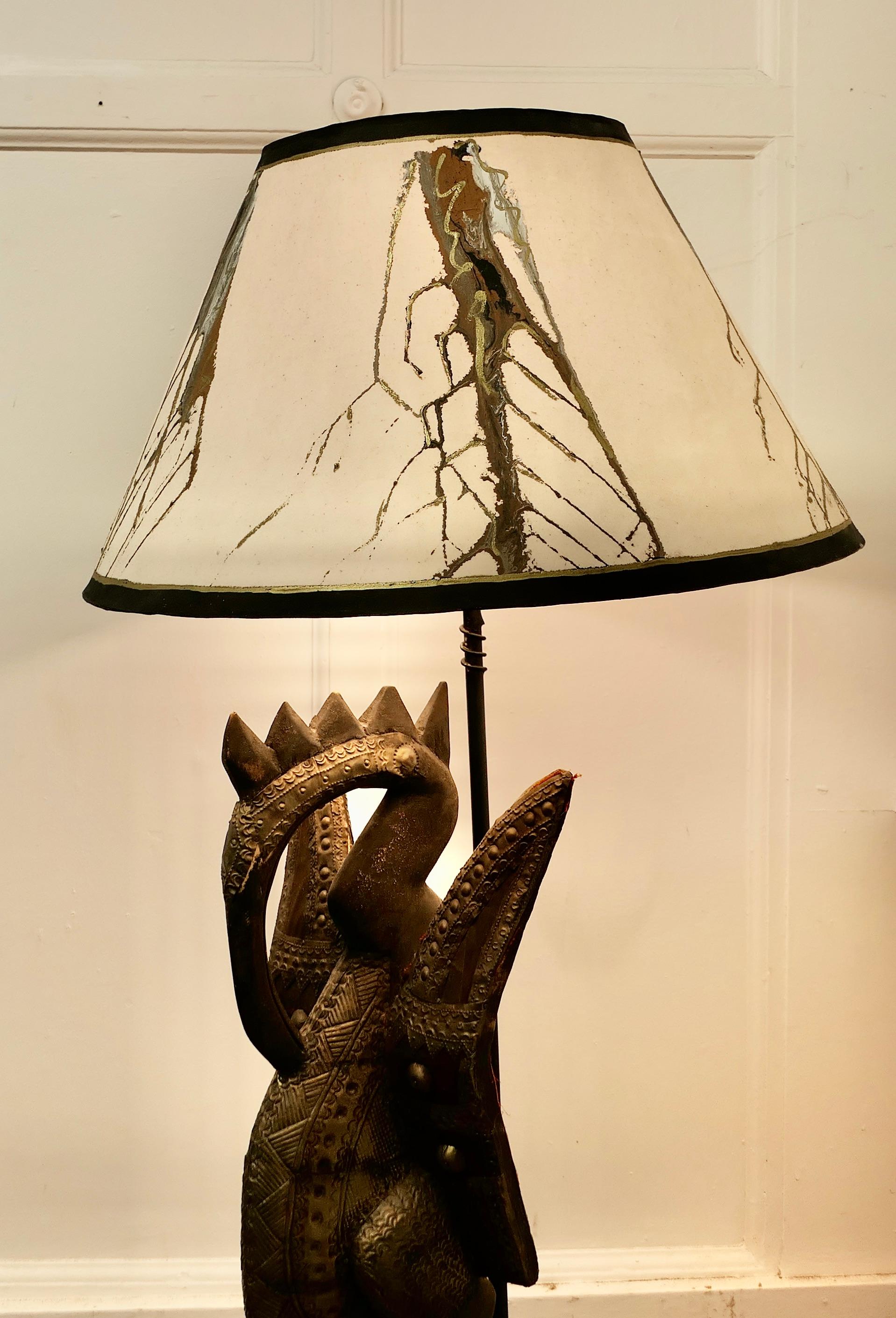 Folk Art African Senufo Bird Carved Wood Sculpture, set as a Tall Lamp    For Sale
