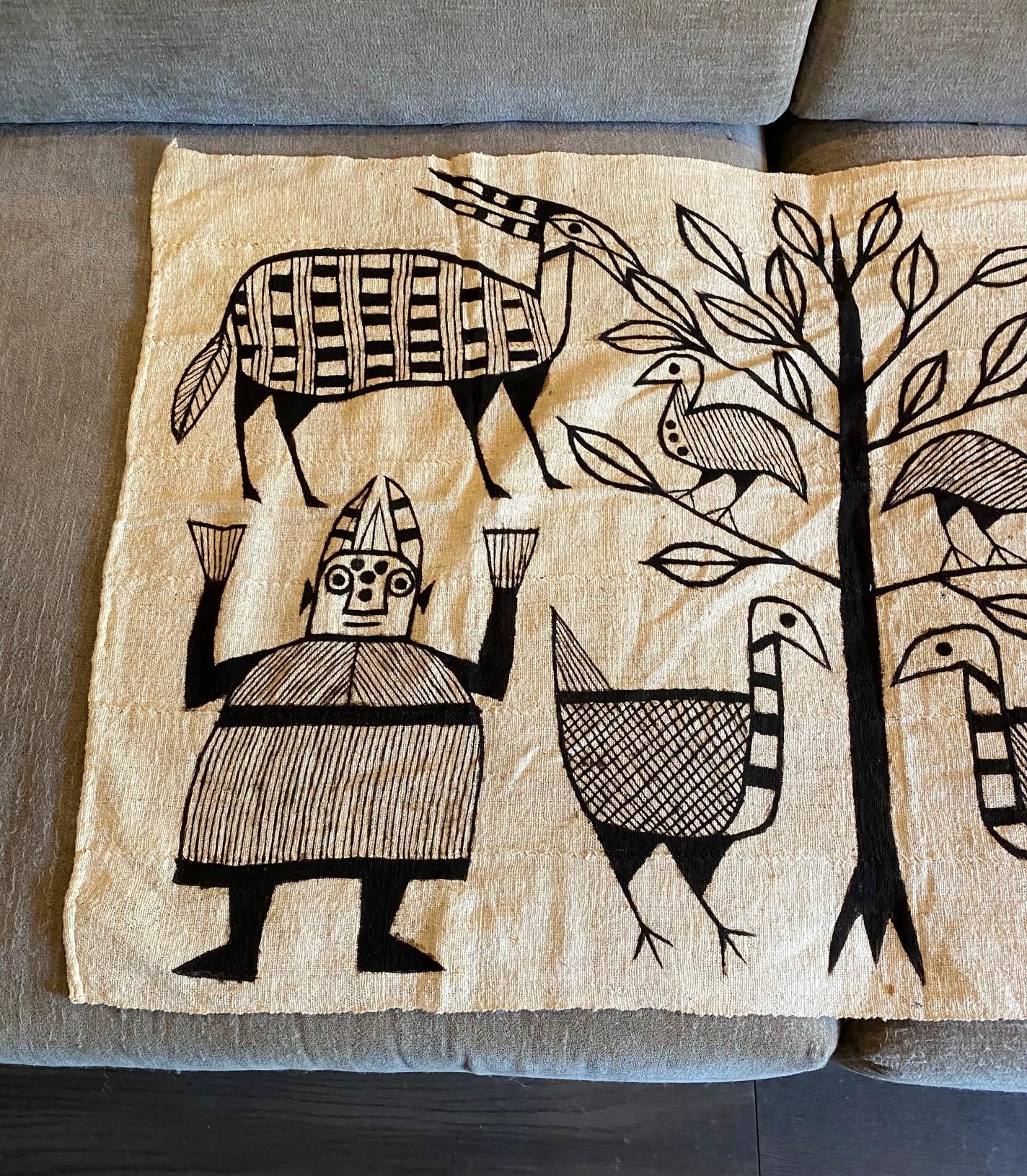 Ivoriano African Senufo Korhogo Large Mid-Century Folk Art Mud Cloth Textile Painting in vendita