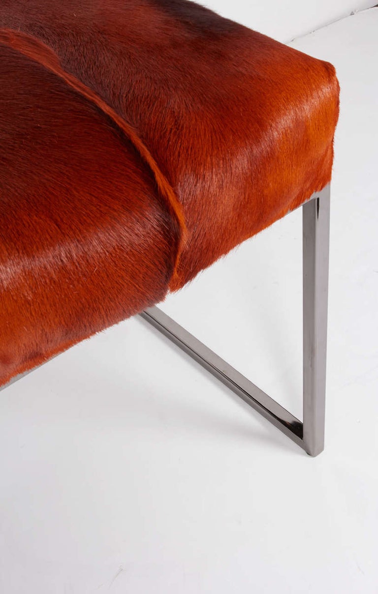 Mid-Century Modern African Springbok Burnt-Orange Fur Bench with Black Chrome Frame For Sale
