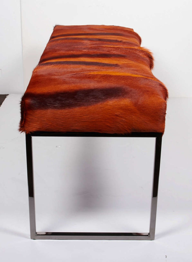 African Springbok Burnt-Orange Fur Bench with Black Chrome Frame In Excellent Condition For Sale In Fort Lauderdale, FL