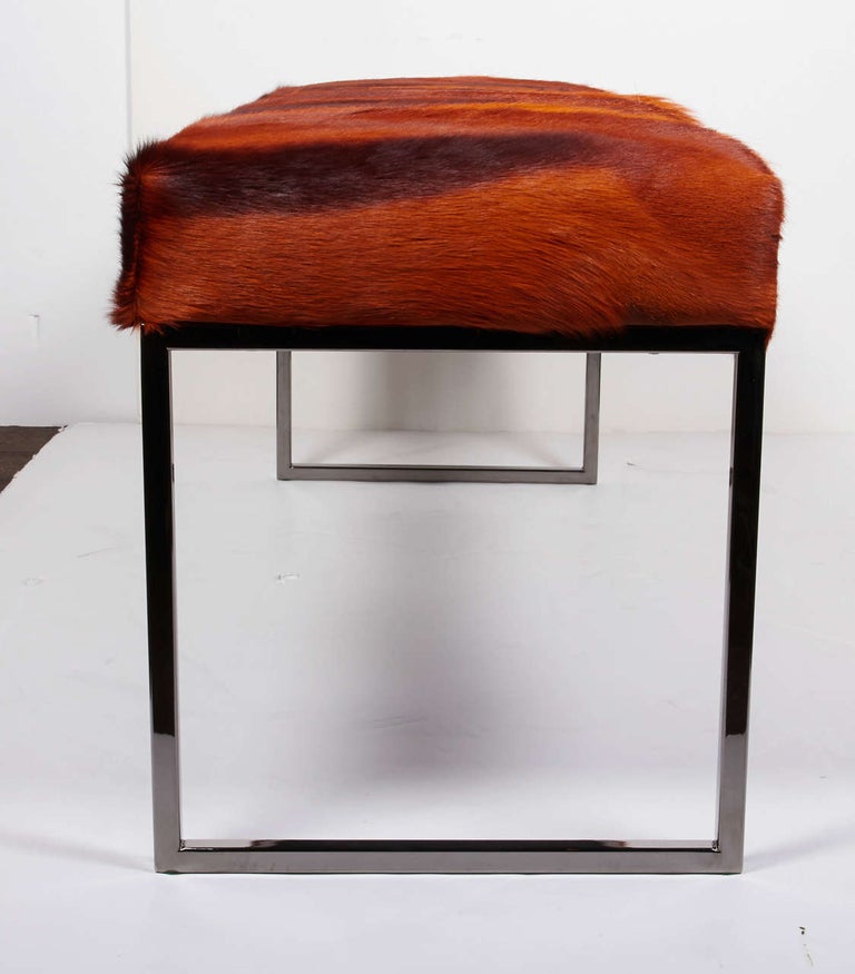 Contemporary African Springbok Burnt-Orange Fur Bench with Black Chrome Frame For Sale