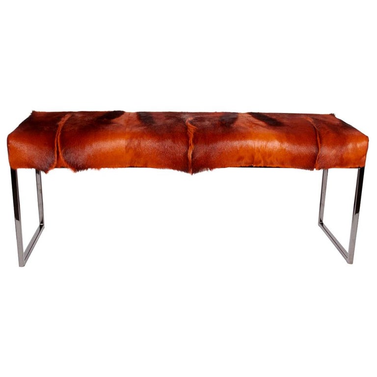 African Springbok Burnt-Orange Fur Bench with Black Chrome Frame For Sale