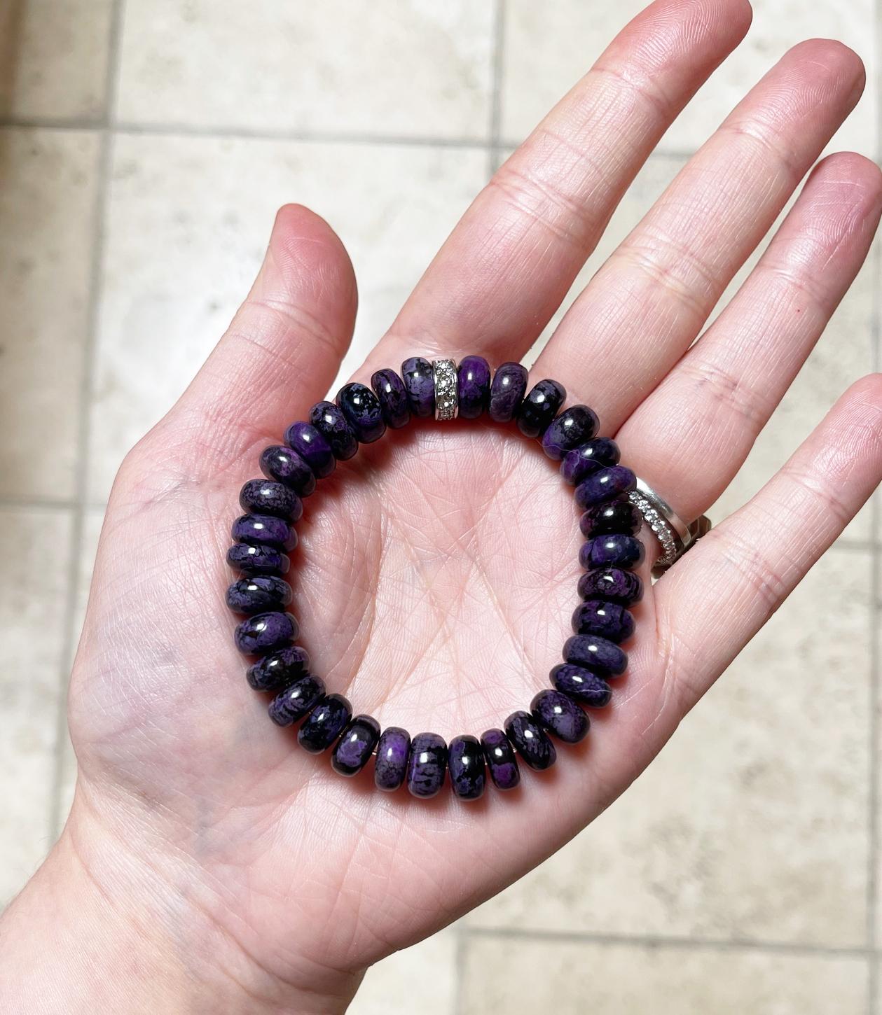 African Sugilite and Swarovski Crystal 10mm Rondelle Beaded Stretch Bracelet In New Condition In Tucson, AZ